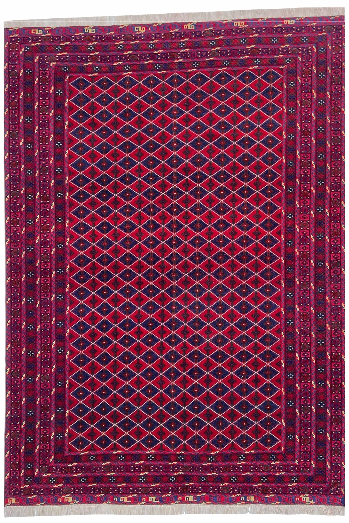 Afghan Baluch Rug 7x9 | burgundy field with a fine navy diamond lattice with ivory | lattice design | hand-knotted wool