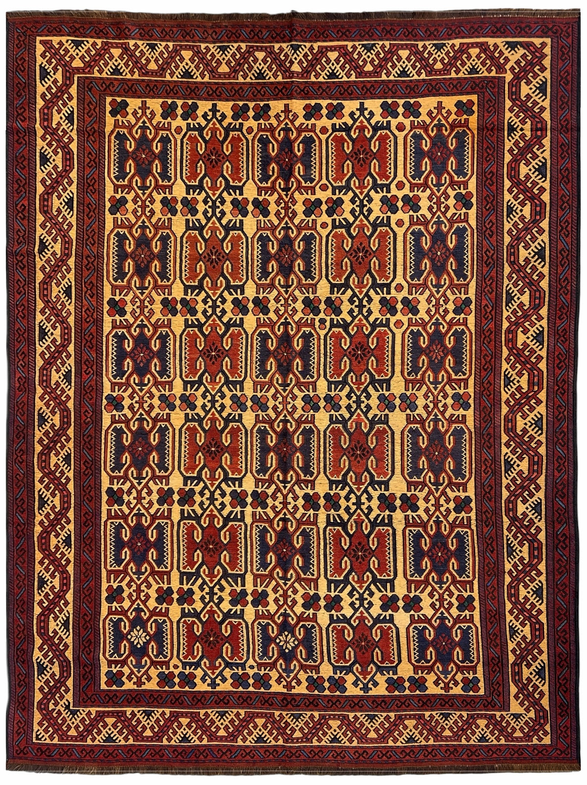 Afghan Baluch Rug 7x9 | gold field with rows of burgundy and navy motifs | tribal design | hand-knotted wool