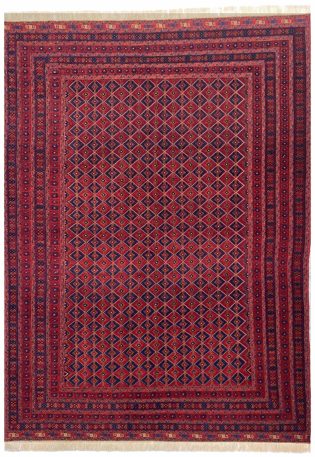 Afghan Baluch Rug 7x9 | red field with a fine diamond pattern inside many borders with navy & gold | lattice design | hand-knotted wool