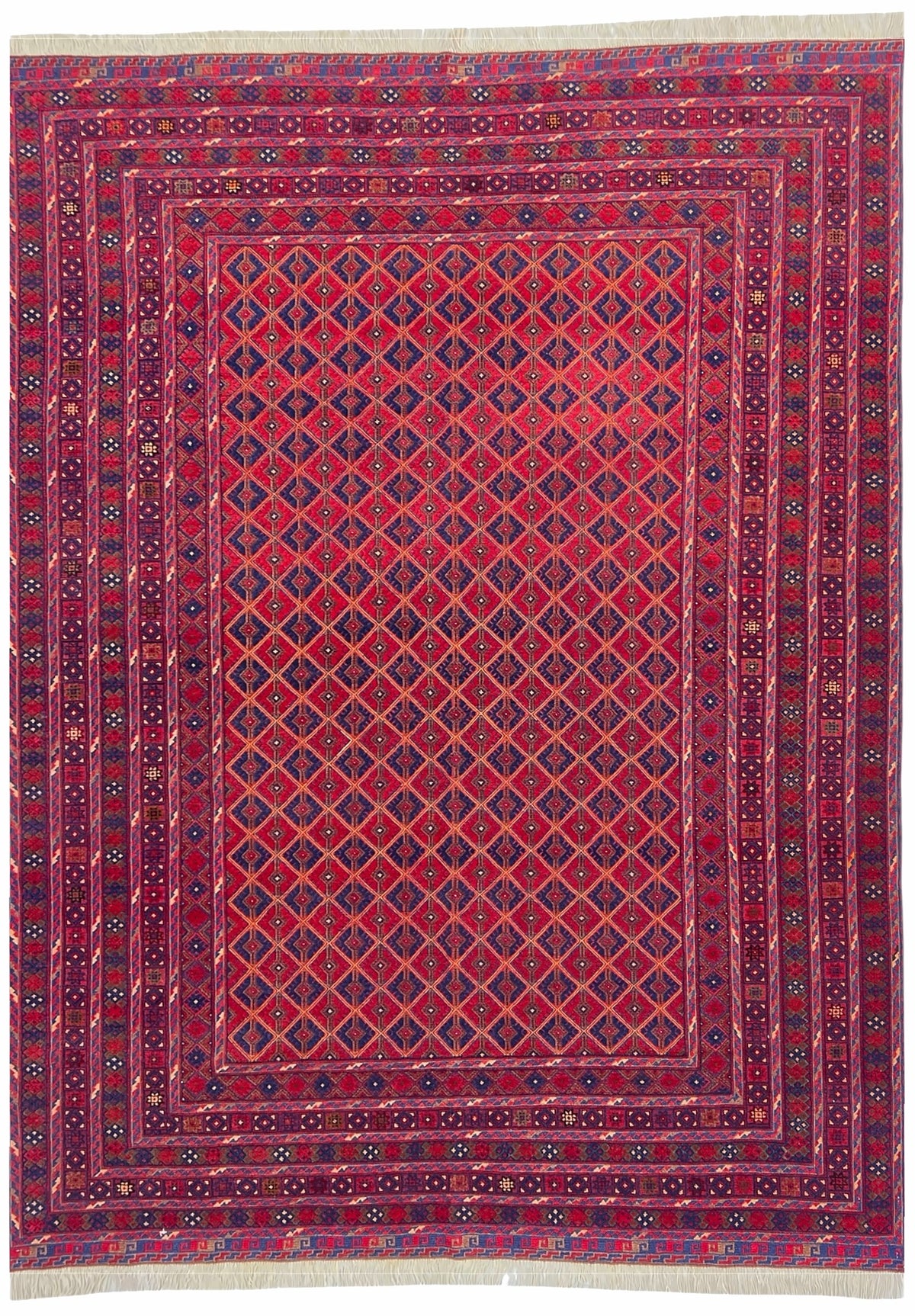 Afghan Baluch Rug 7x9 | red field with a fine diamond pattern inside many borders with navy & purple | lattice design | hand-knotted wool