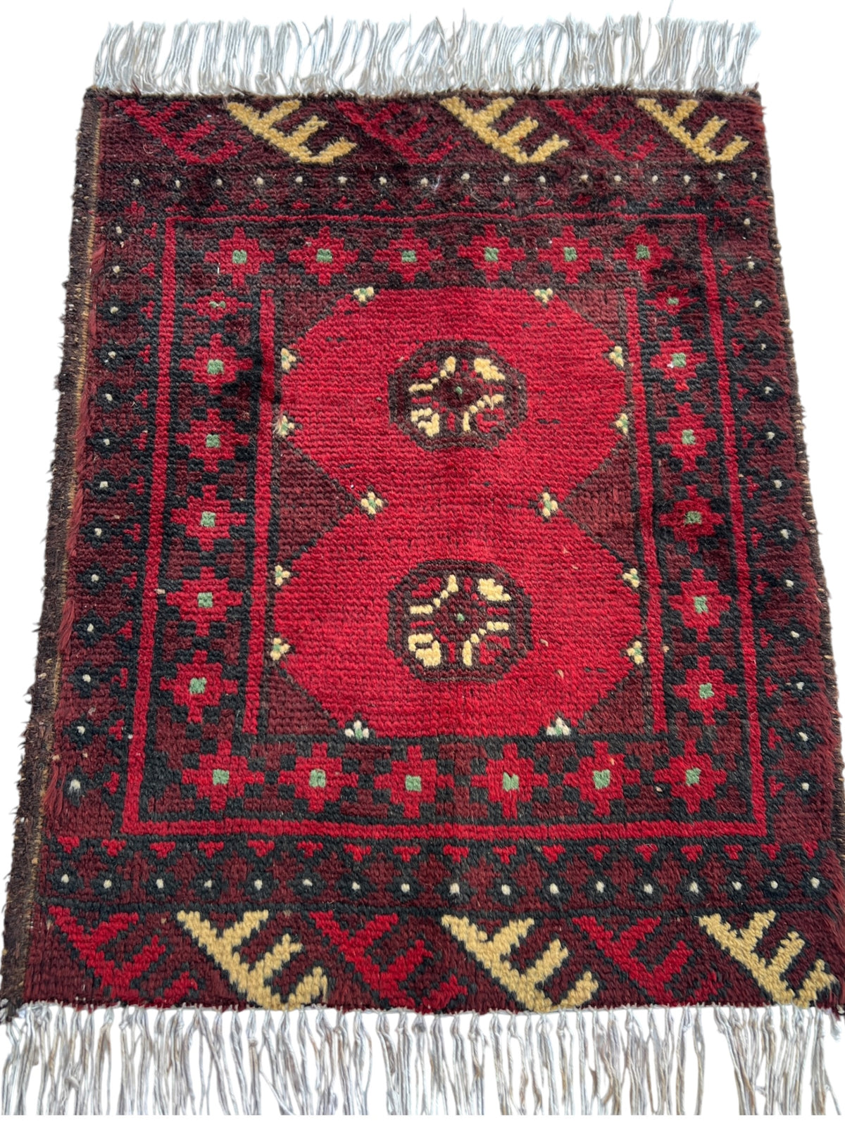 Baluch Filpai Rug 8x9 | Red, Black & Gold | hand-knotted wool | full view, end