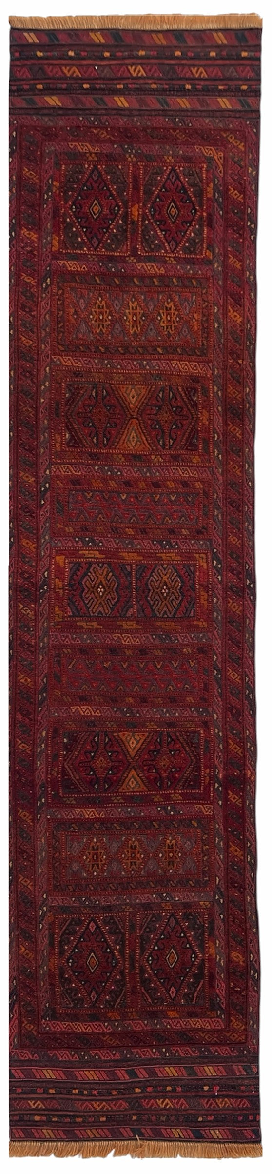 Afghan Baluch Runner 2x9 | burgundy runner with tribal panels with brown | panel design | hand-knotted wool