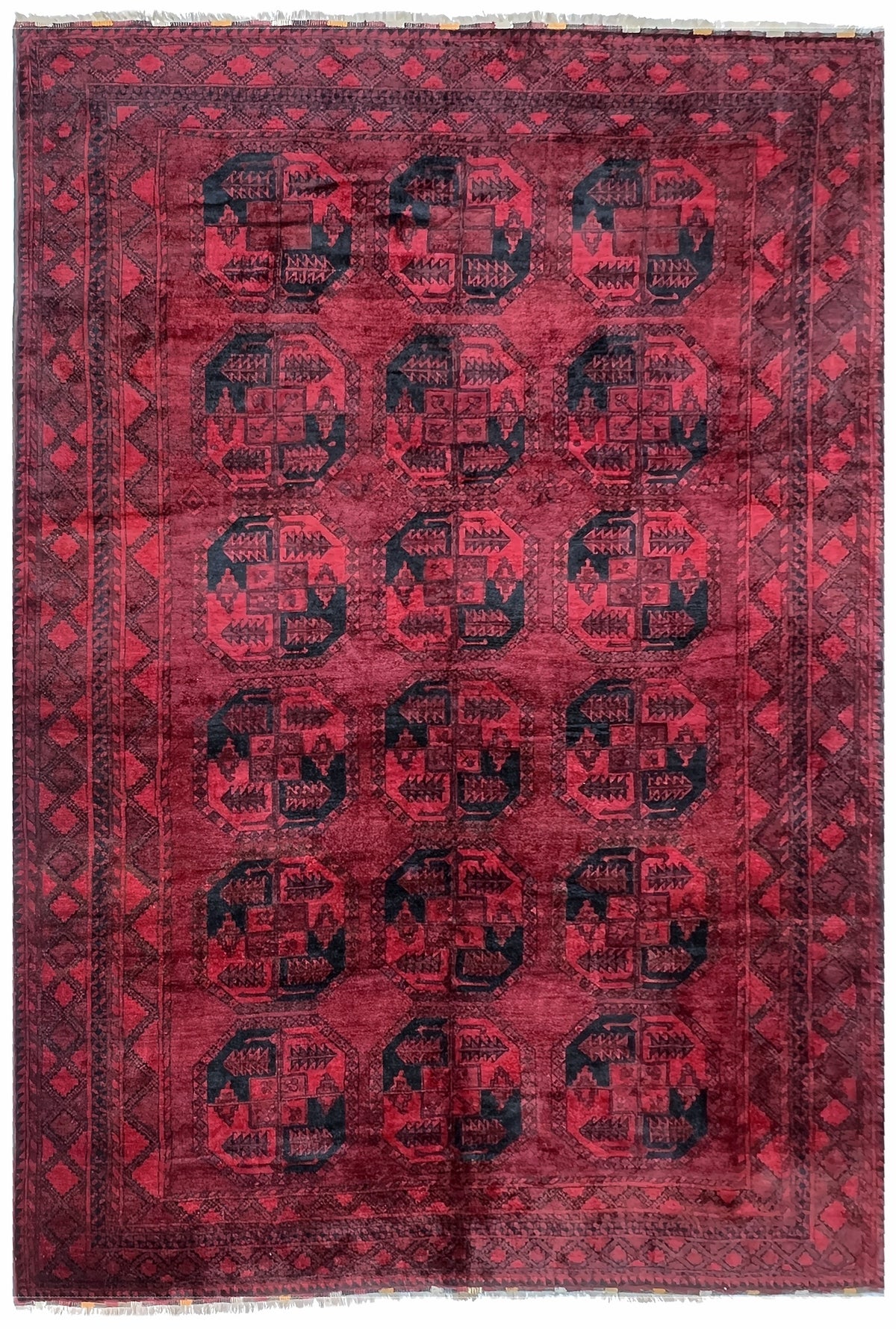 Afghan Bokhara Rug 10x14 | deep red field with rows of navy guls | gul design | hand-knotted wool