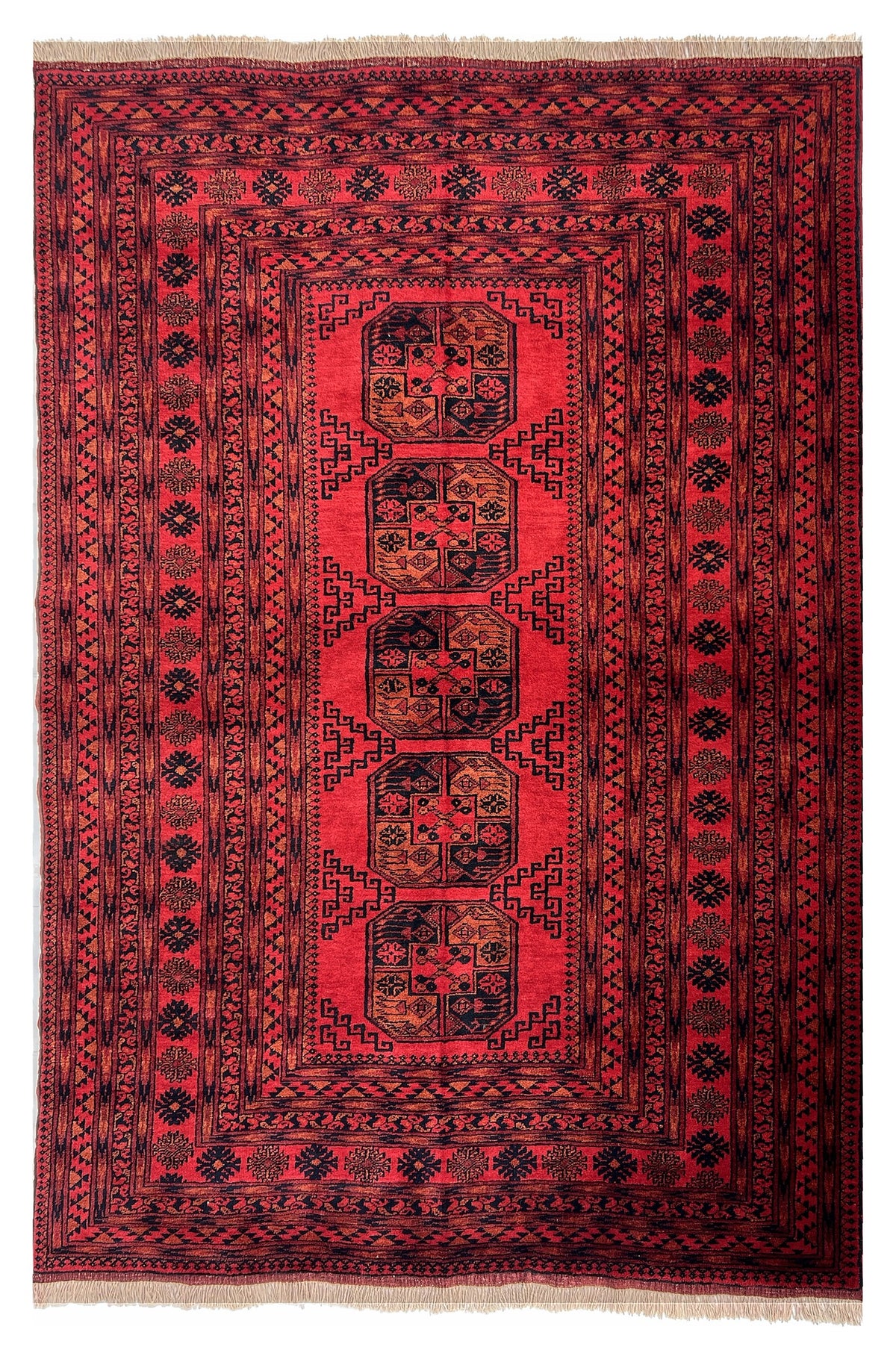 Afghan Bokhara Rug 5x7 | red field with a column of orange and black guls | gul design | hand-knotted wool