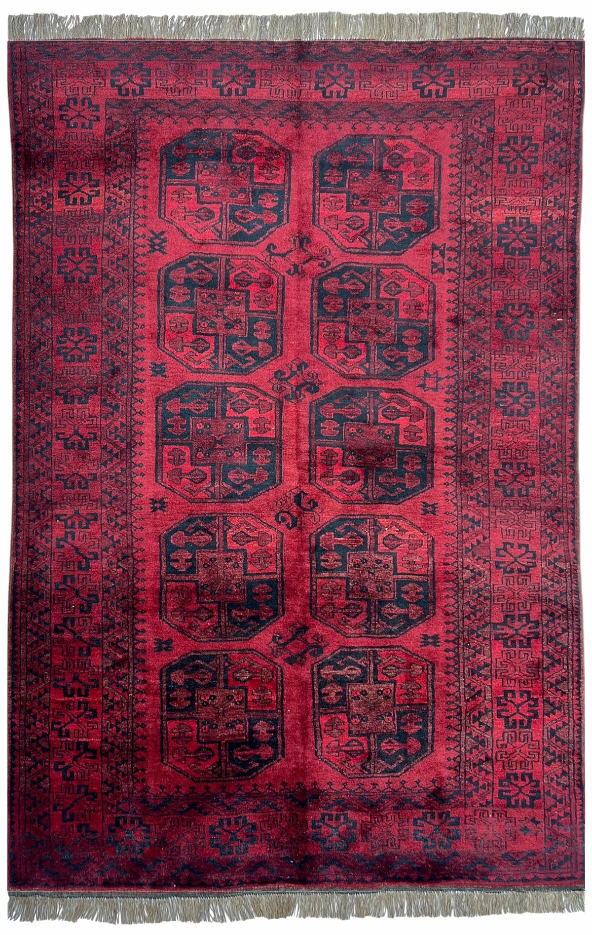 Afghan Bokhara Rug 6x8 | red field with navy elephant-foot guls | gul design | hand-knotted wool