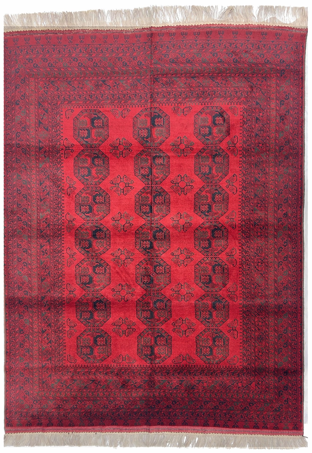 Afghan Bokhara Rug 7x10 | red field with rows of black guls | gul design | hand-knotted wool