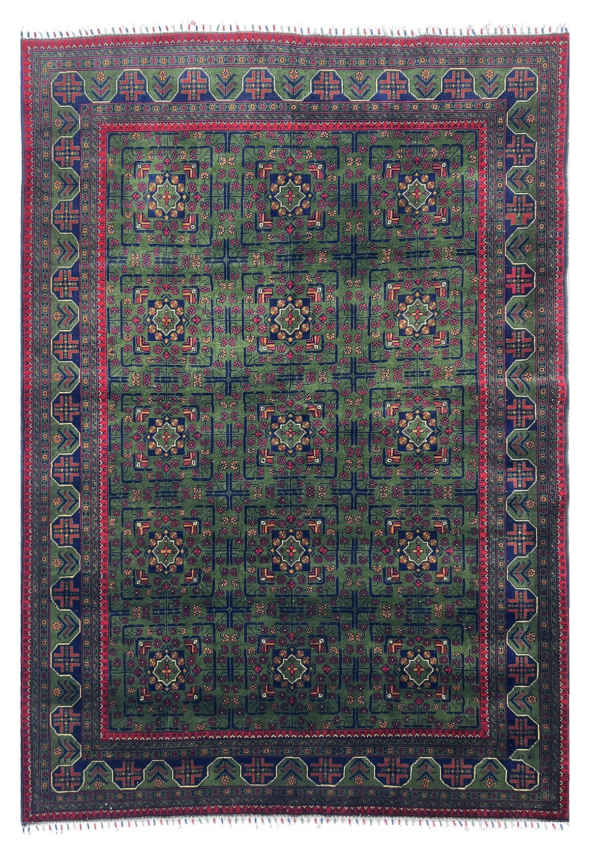Afghan Bukhara Rug 6x8 | dark green field with navy gul tiles with red | gul design | hand-knotted wool