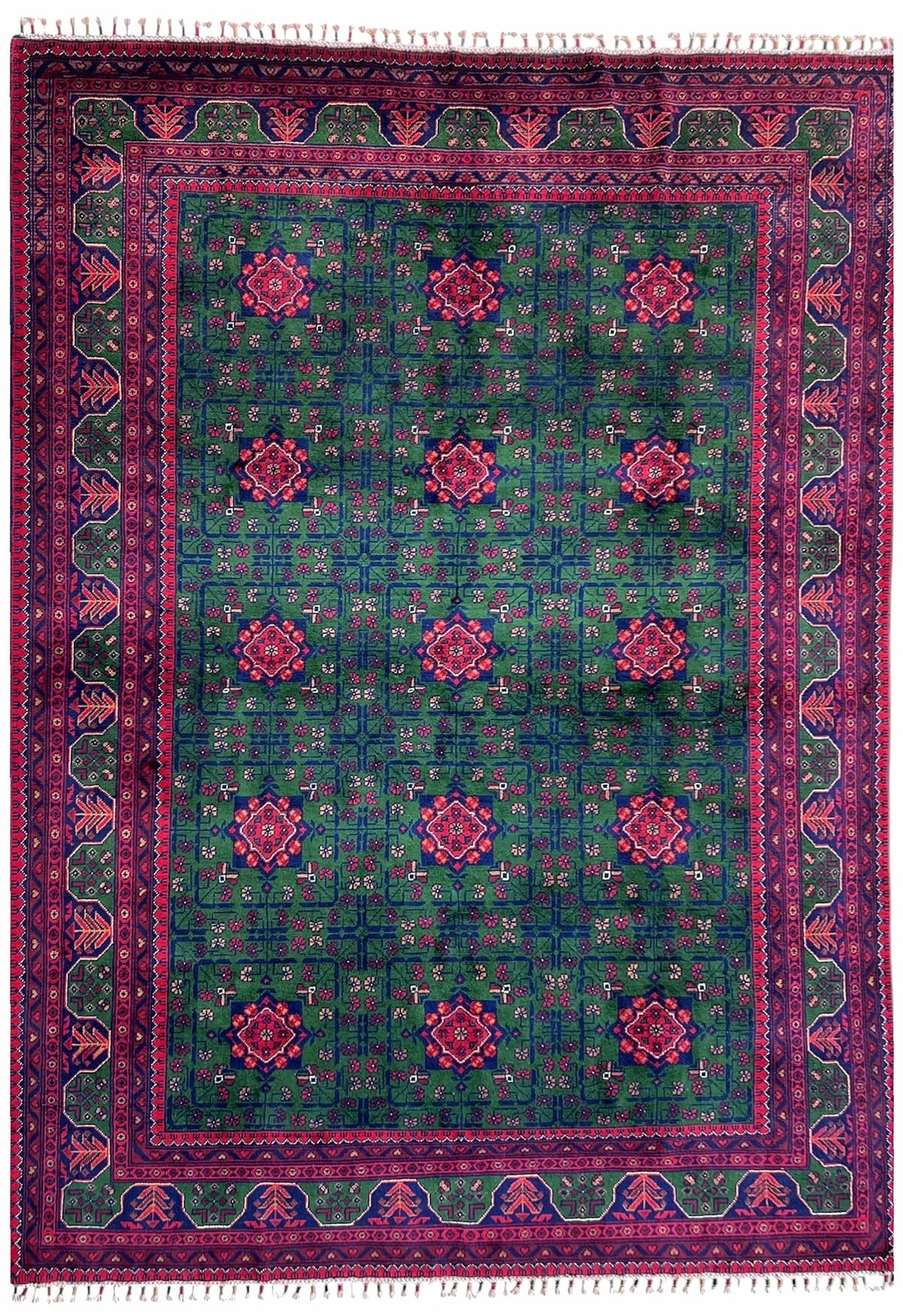 Afghan Bukhara Rug 6x8 | teal green field with raspberry guls inside a raspberry border with navy | gul design | hand-knotted wool