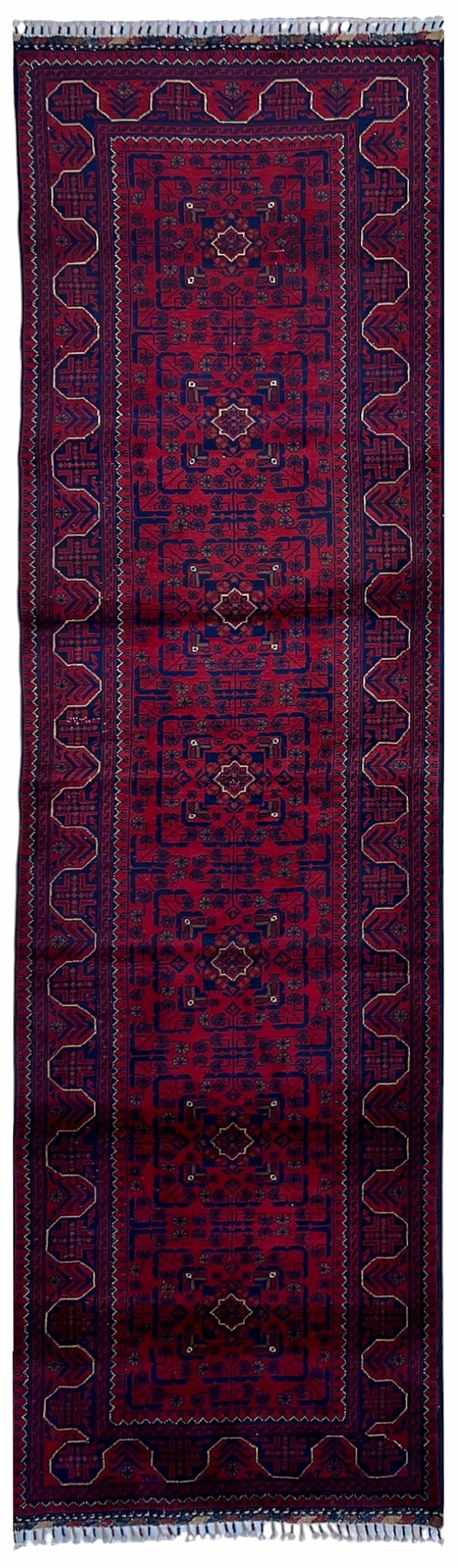 Afghan Bukhara Runner 3x10 | deep red field with navy guls with ivory | gul design | hand-knotted wool
