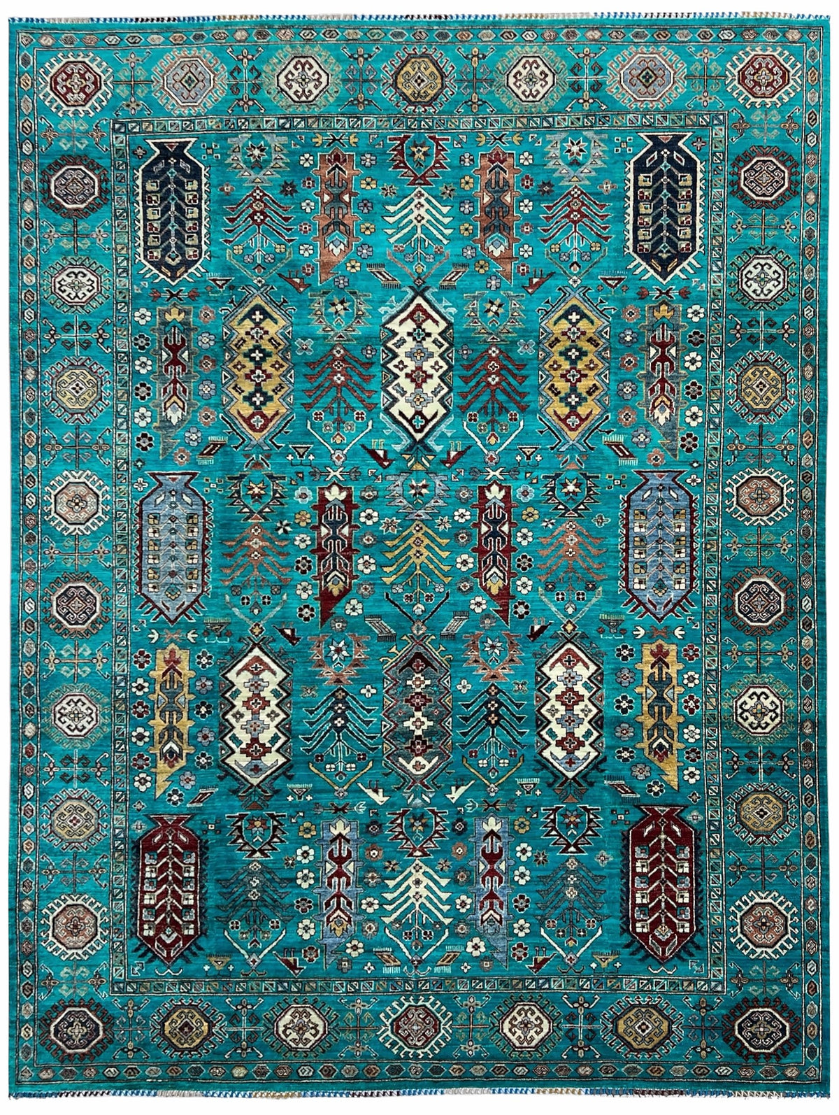 Afghan Chobi Rug 10x14 | bright turquoise field with tribal medallions with ivory, red & gold | tribal design | hand-knotted wool