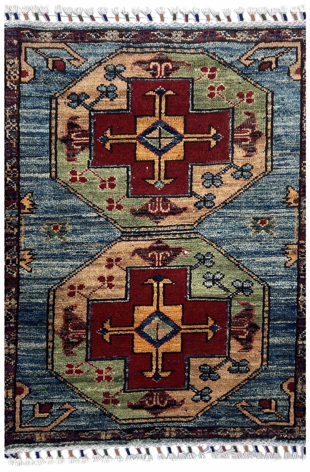 Afghan Chobi Rug 2x3 | blue abrash field with two red and gold medallions with green | medallion design | hand-knotted wool