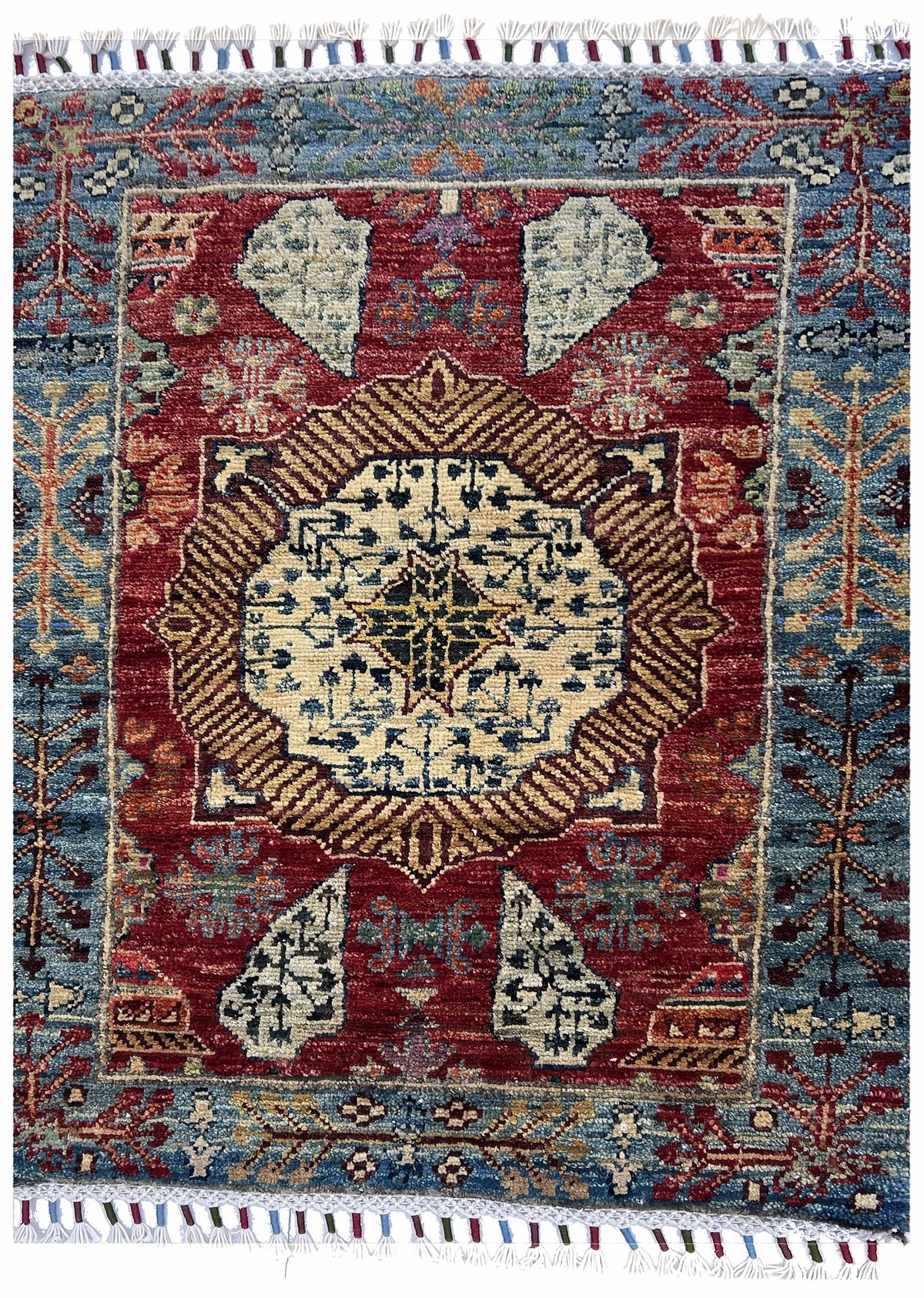 Afghan Chobi Rug 2x3 | red field with an ivory medallion inside a blue border with gold | medallion design | hand-knotted wool