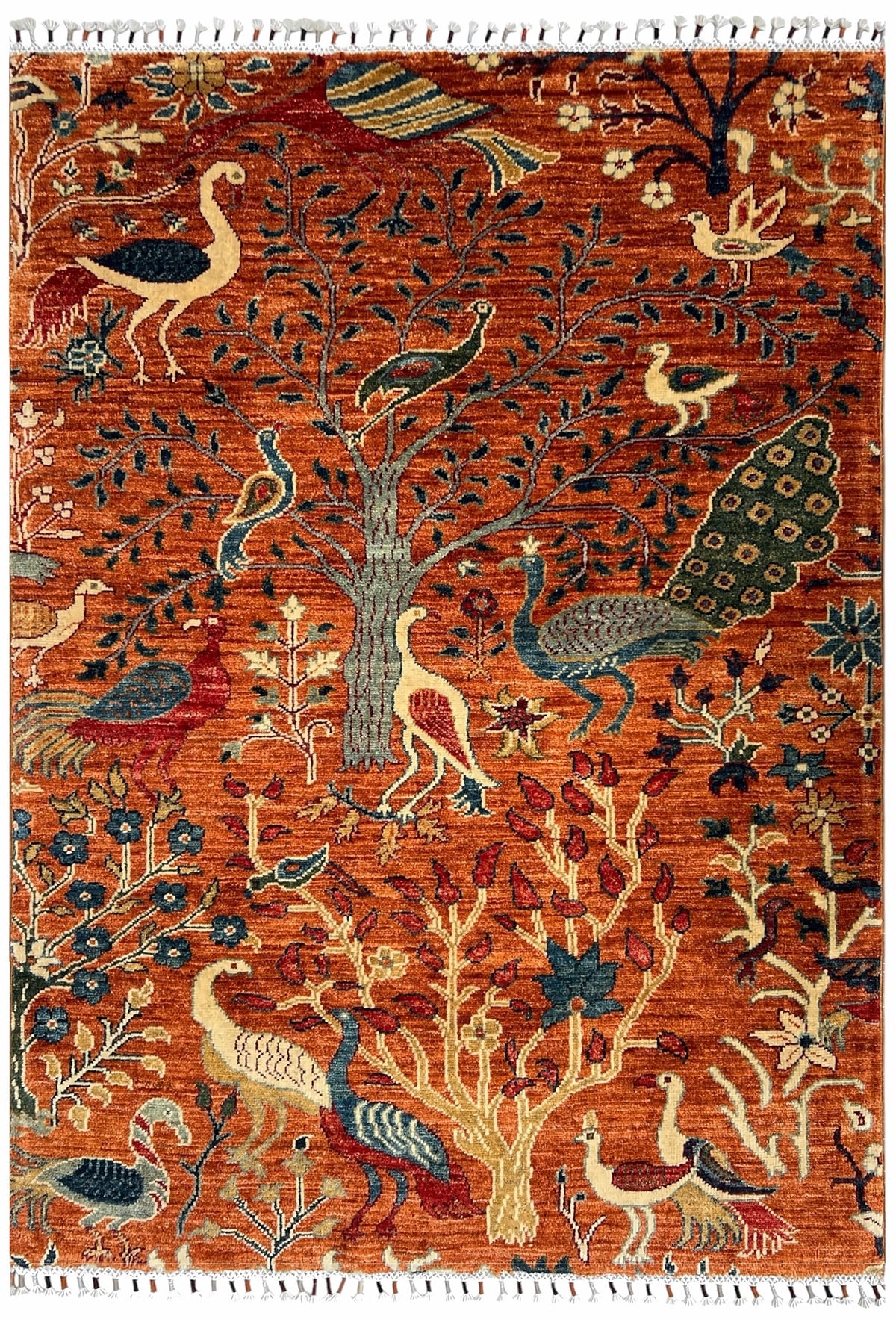 Afghan Chobi Rug 4x5 | bright orange field with birds and trees with rust, navy & ivory | pictorial design | hand-knotted wool