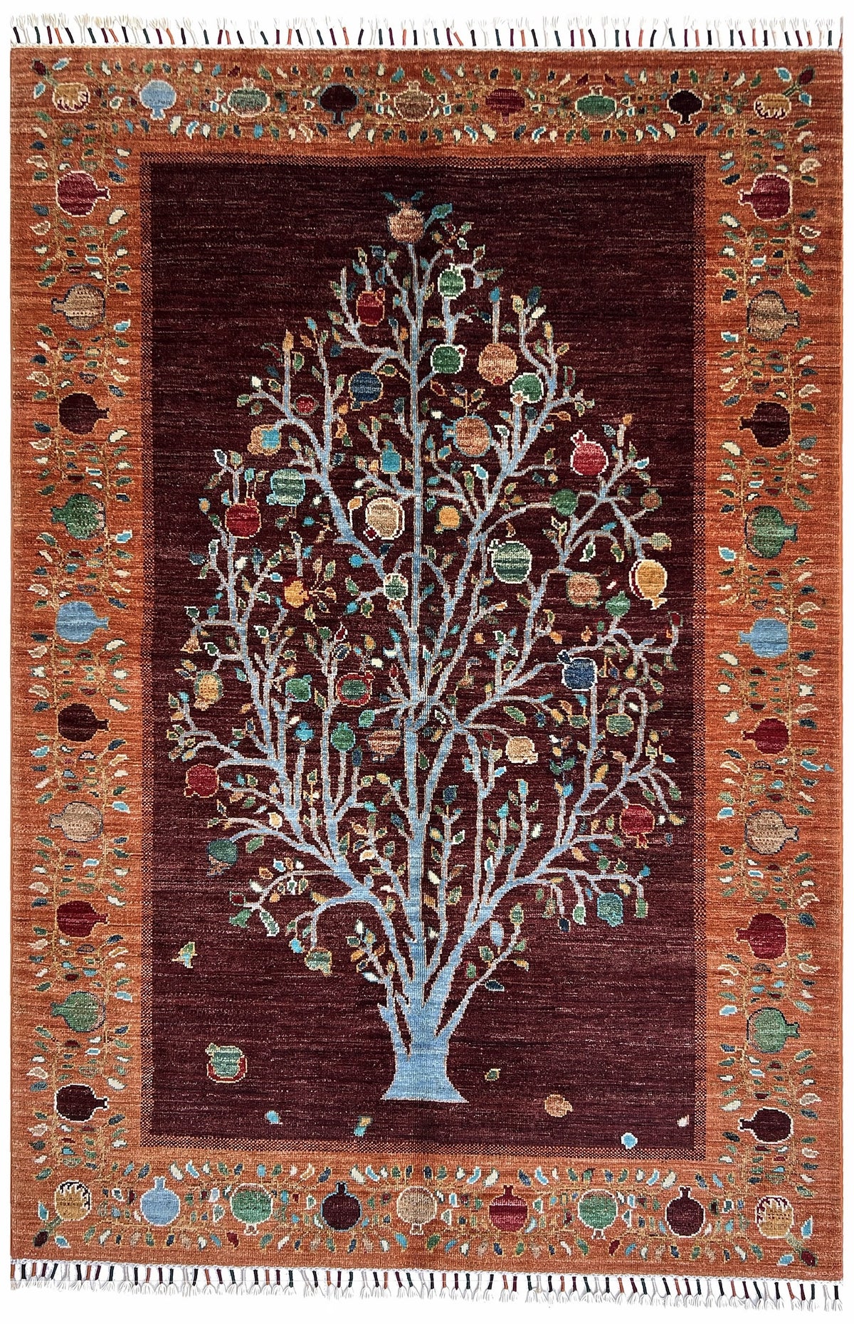 Afghan Chobi Rug 4x6 | burgundy field with a light blue tree of life inside a rust border | tree of life design | hand-knotted wool