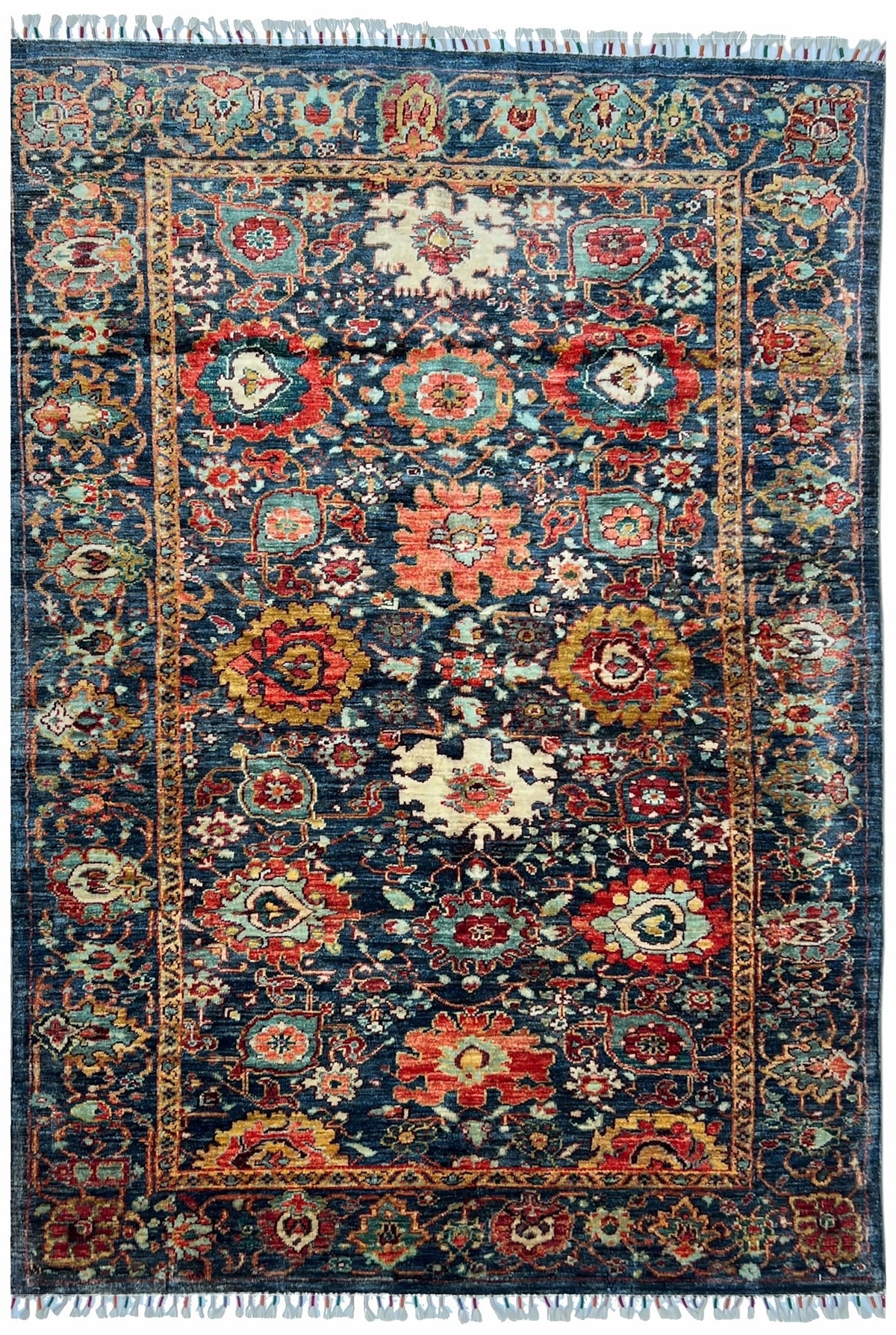 Afghan Chobi Rug 5x6 | deep navy field with coral and red florals with ivory | floral design | hand-knotted wool