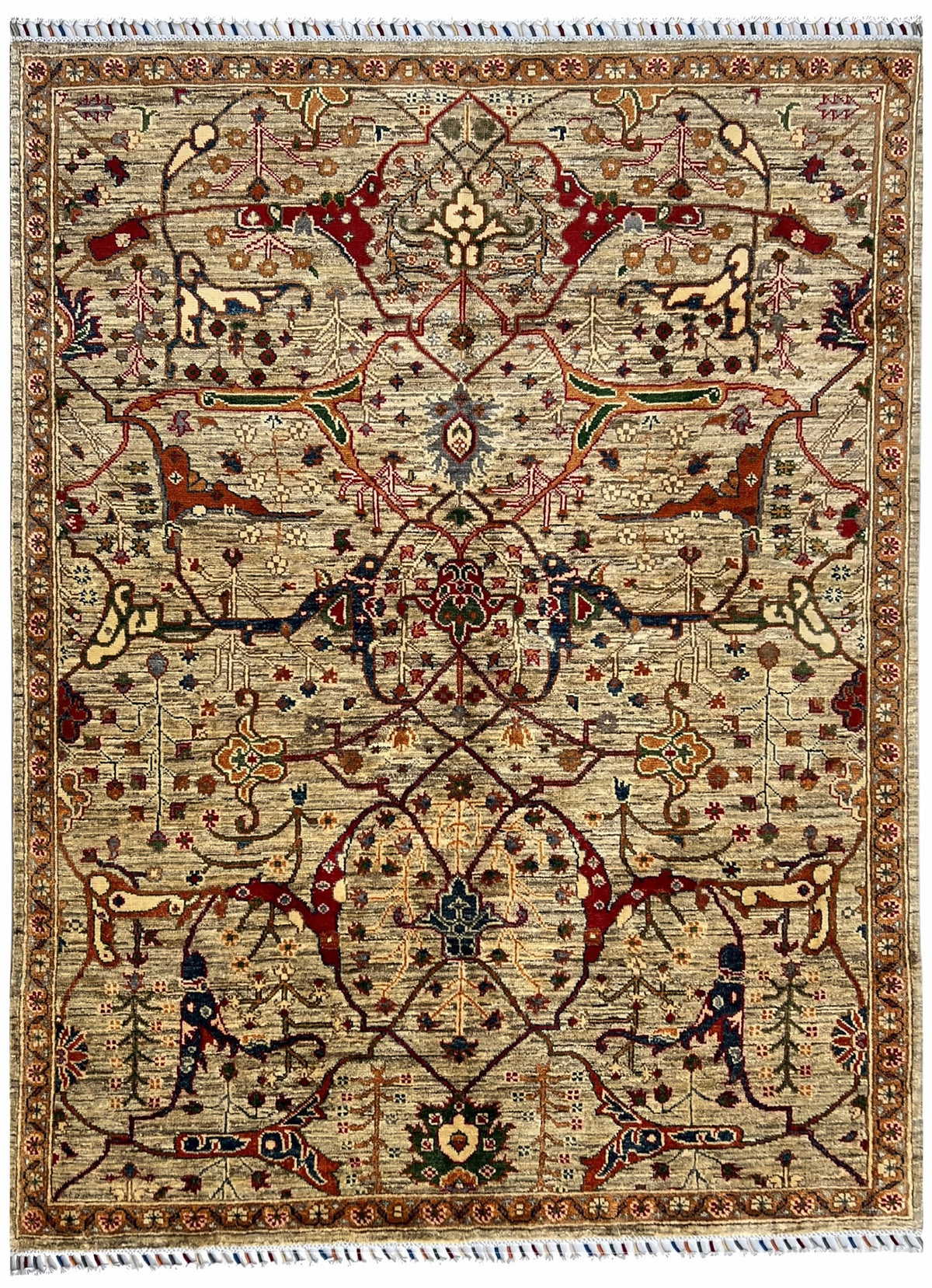 Afghan Chobi Rug 5x7 | soft beige field with scrolling vines and animals with brown, red & navy | floral design | hand-knotted wool