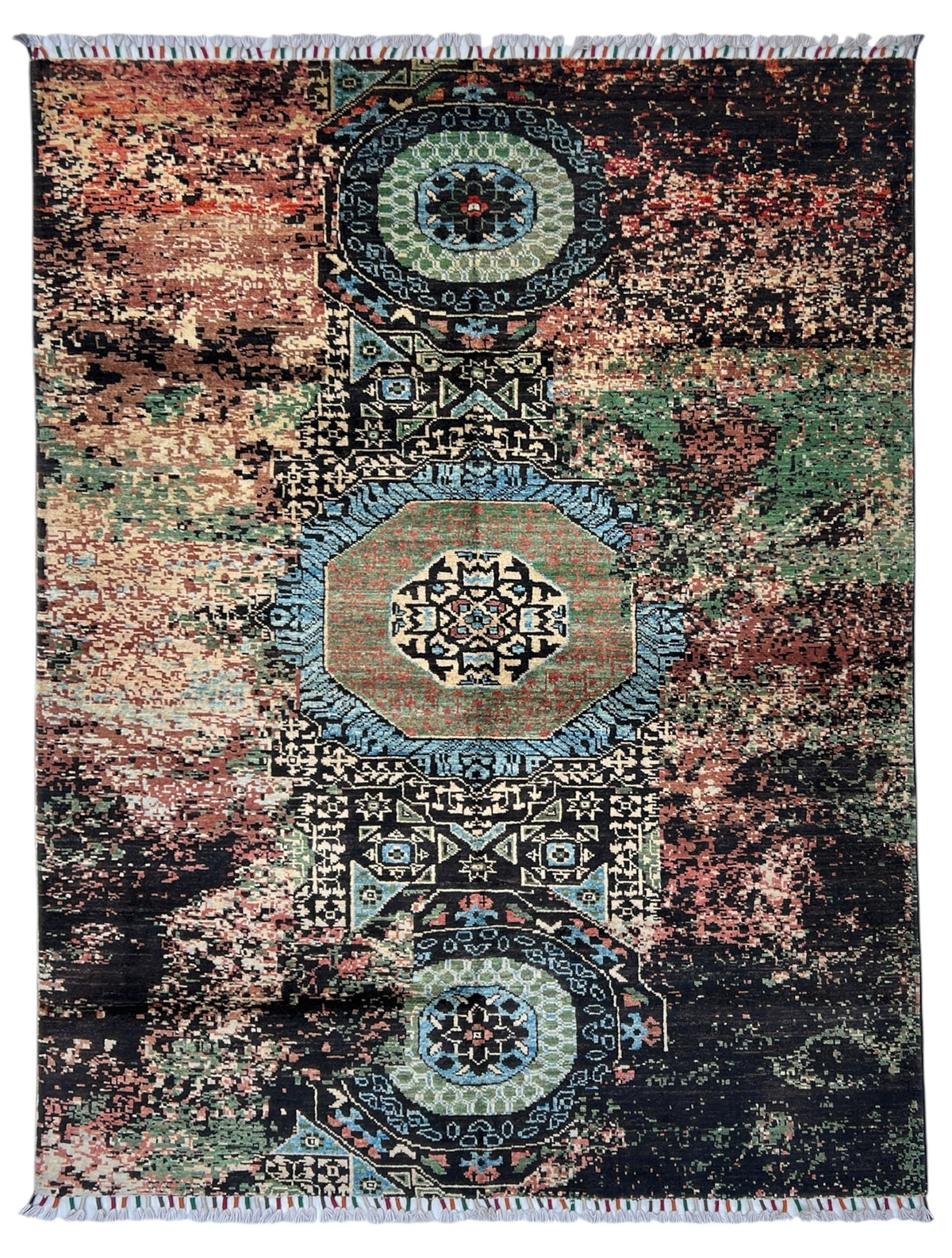 Afghan Chobi Rug 5x7 | distressed black and rose field with three Mamluk medallions with light blue & green | mamluk design | hand-knotted wool