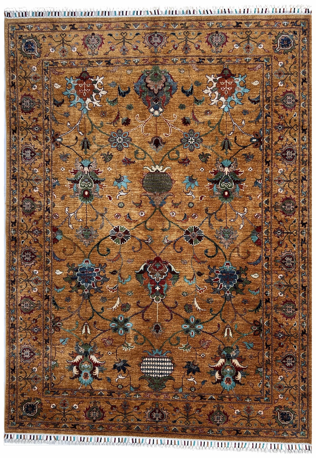 Afghan Chobi Rug 5x7 | golden field with navy, teal and red palmettes | floral design | hand-knotted wool