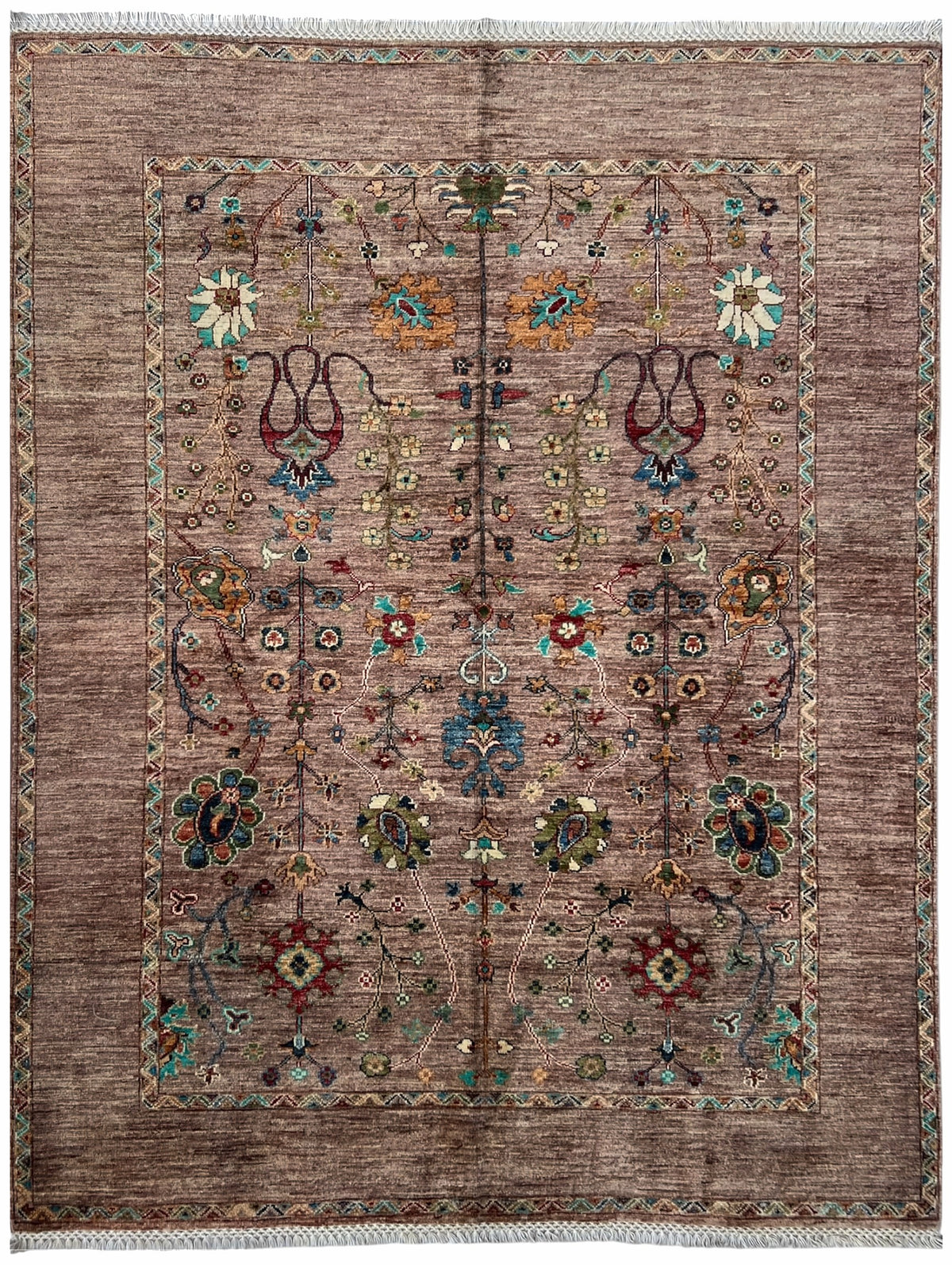 Afghan Chobi Rug 5x7 | soft mauve field with a vase of florals with teal, red & navy | floral design | hand-knotted wool