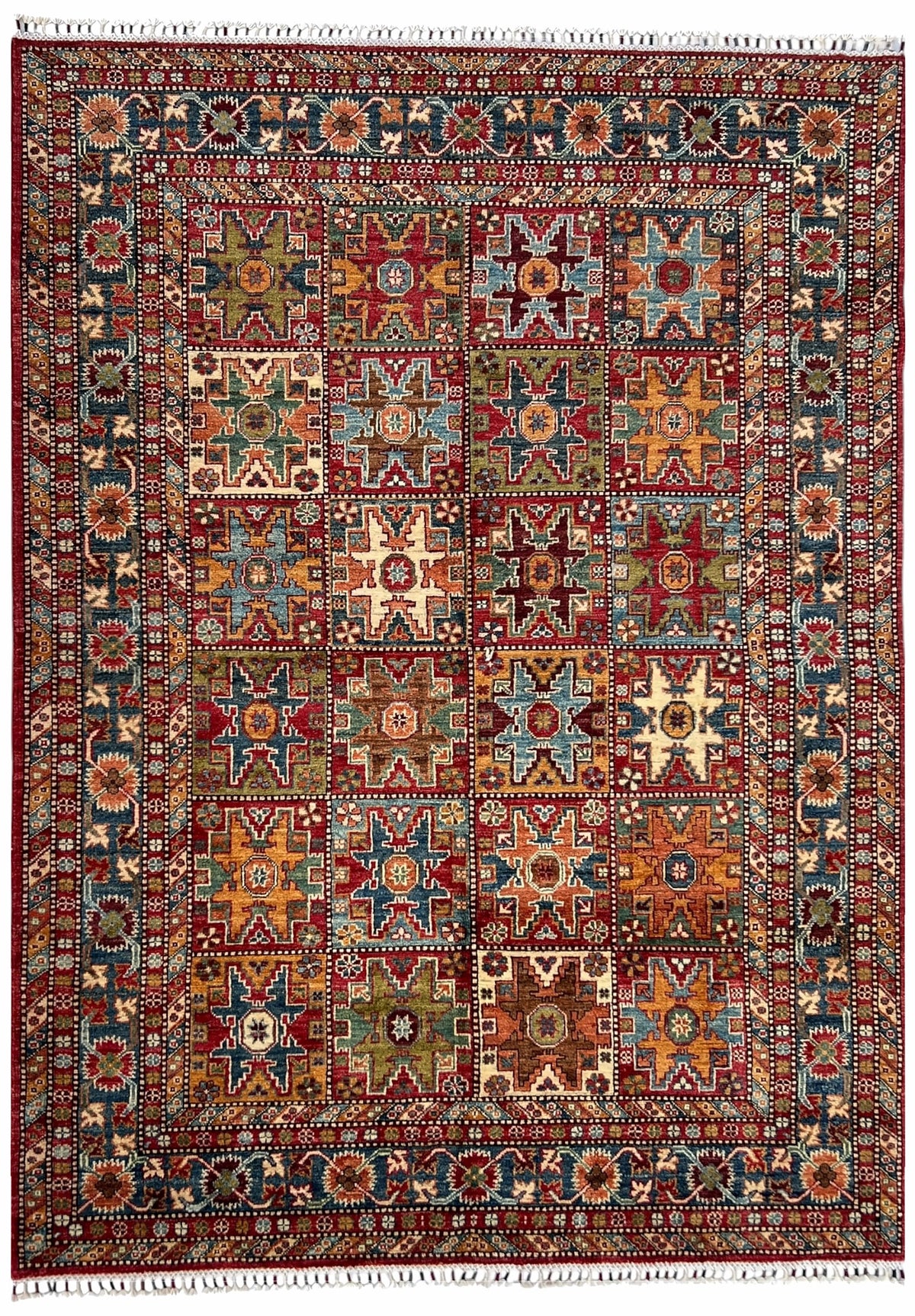 Afghan Chobi Rug 5x7 | panels of star motifs in red, navy and gold with ivory | panel design | hand-knotted wool