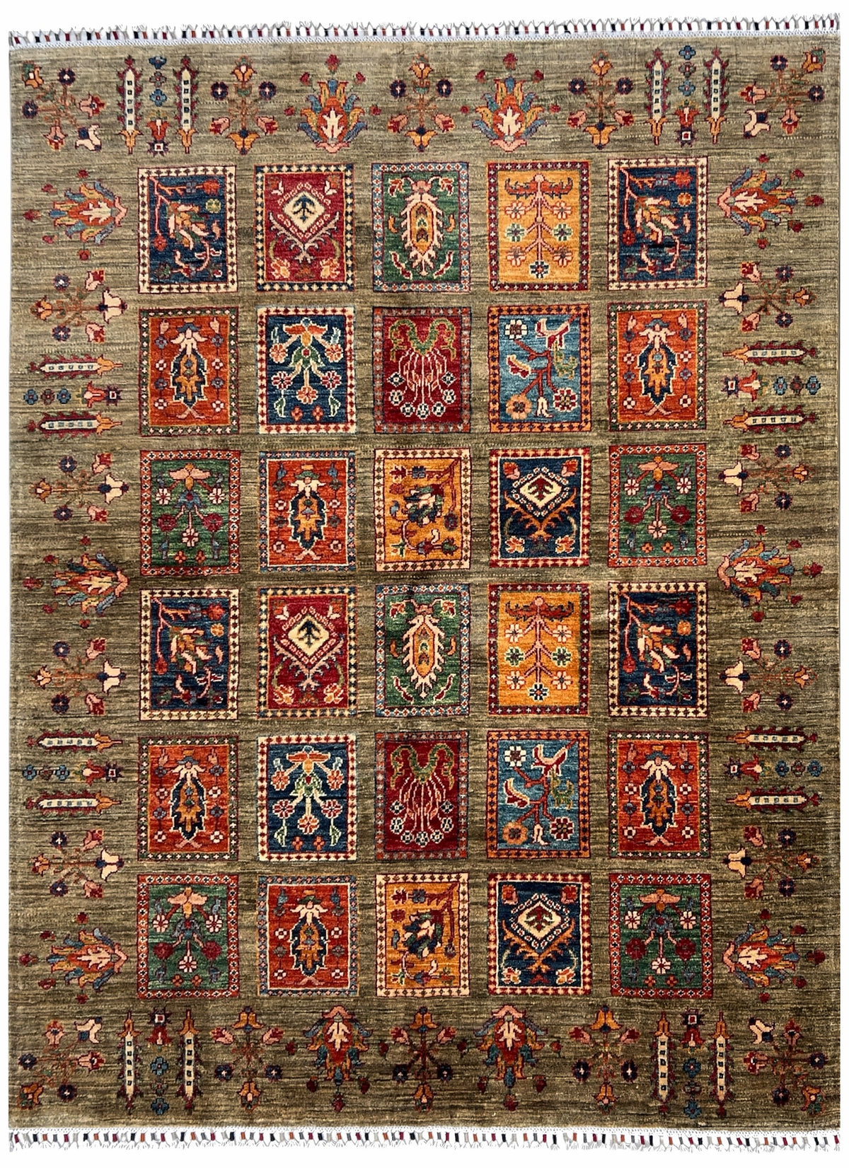 Afghan Chobi Rug 5x7 | sage green field with colorful garden panels with red, navy & gold | garden design | hand-knotted wool