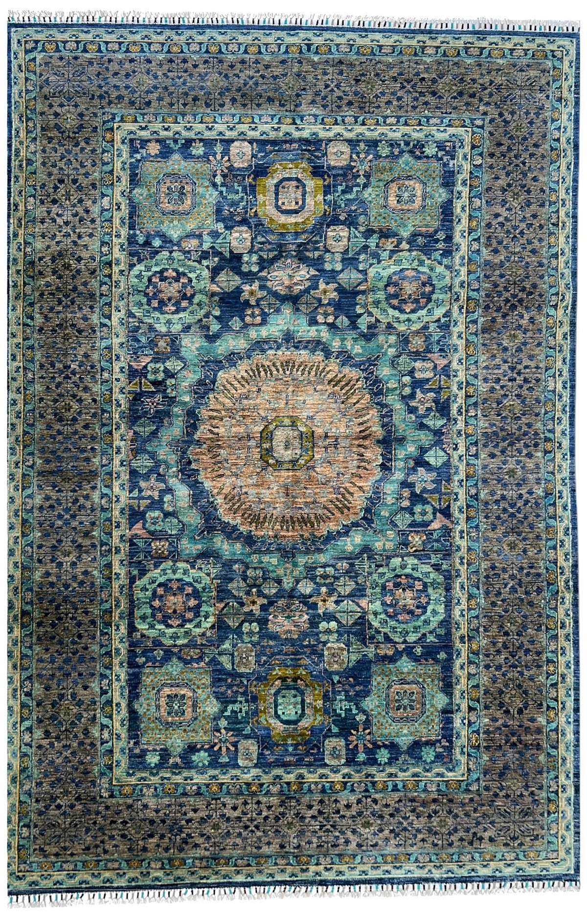 Afghan Chobi Rug 6x9 | navy field with a pink sunburst medallion and seafoam motifs | medallion design | hand-knotted wool
