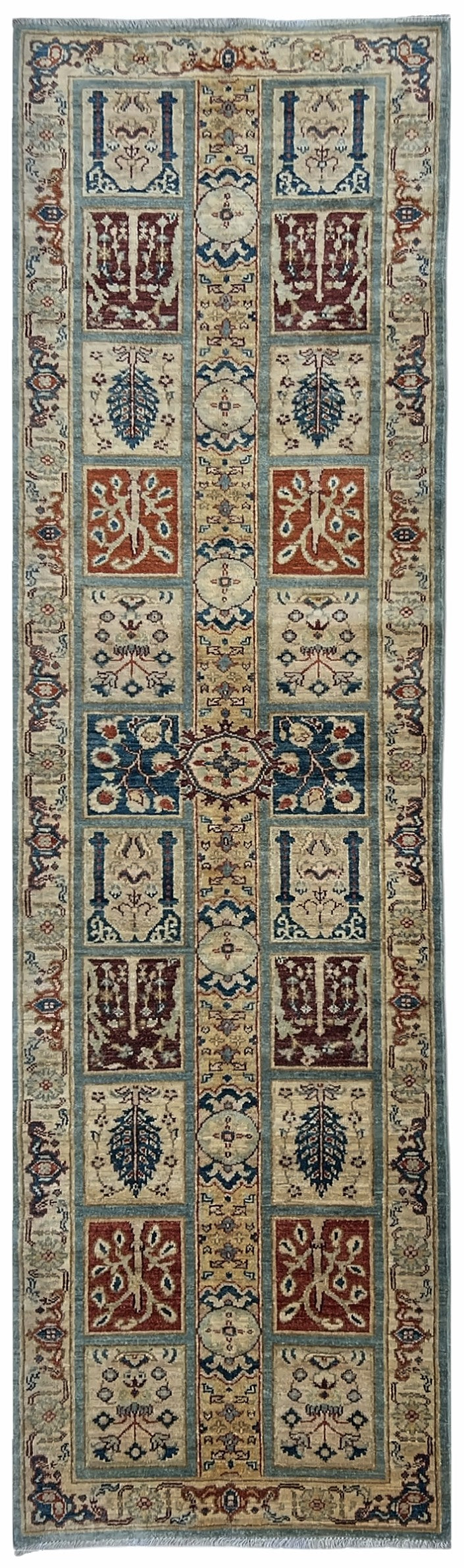 Afghan Chobi Rug 7x10 | garden panels in ivory, blue, red and gold | garden design | hand-knotted wool