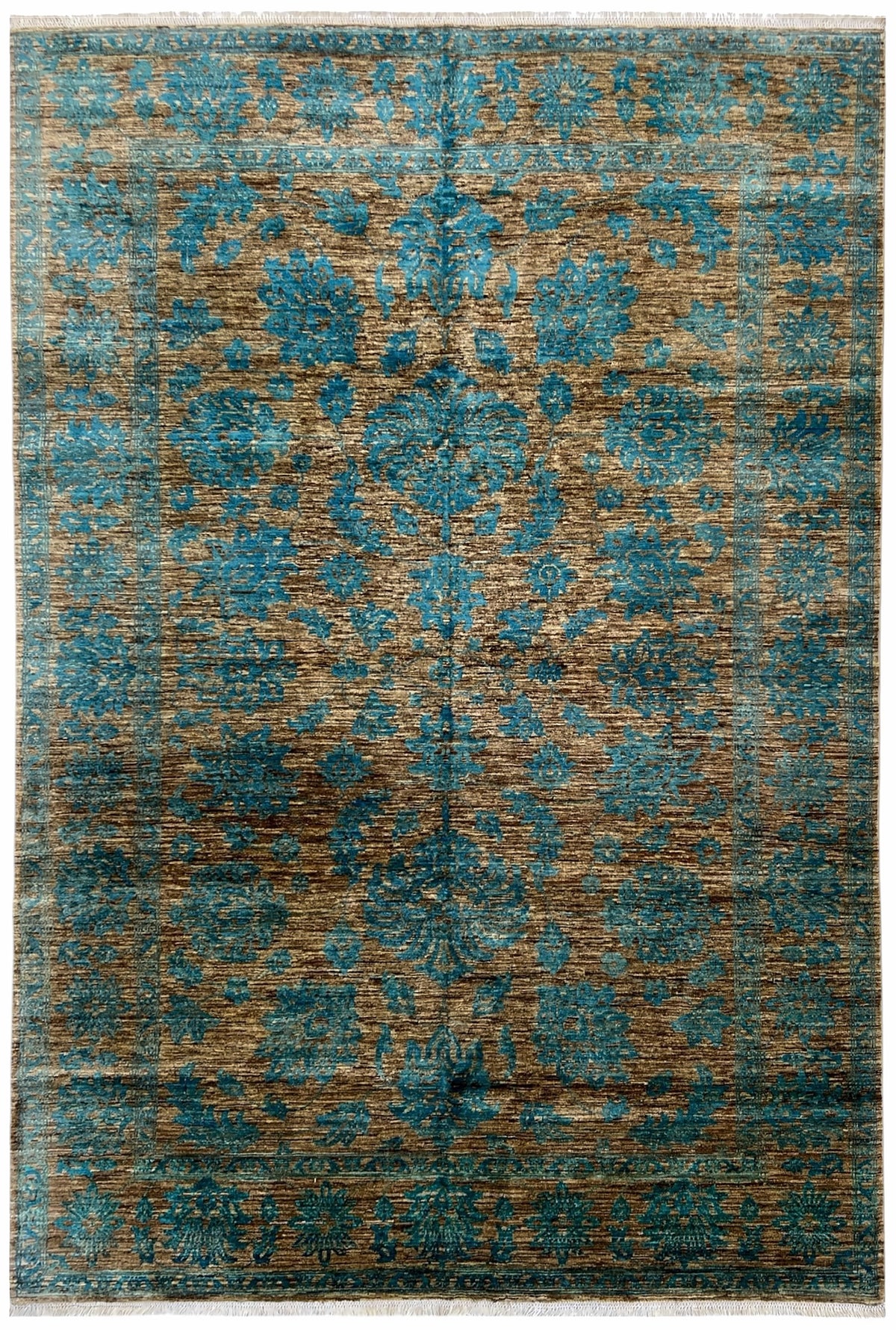 Afghan Chobi Rug 7x10 | teal-blue field with gold and rust highlights | floral design | hand-knotted wool