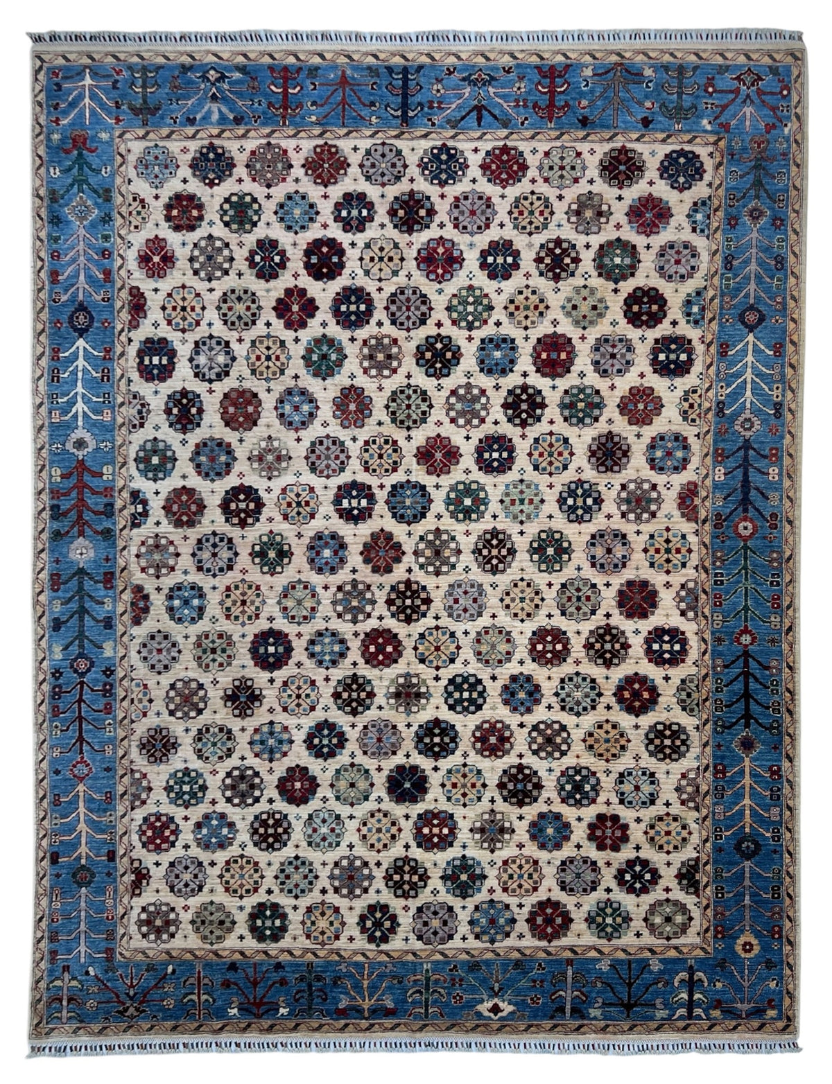 Afghan Chobi Rug 8x10 | ivory field with an allover pattern of colorful rosettes with navy, red & blue | rosette design | hand-knotted wool