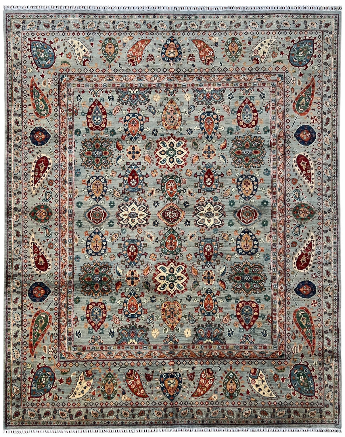 Afghan Chobi Rug 8x10 | light blue field with paisleys and florals with ivory, red & navy | paisley design | hand-knotted wool