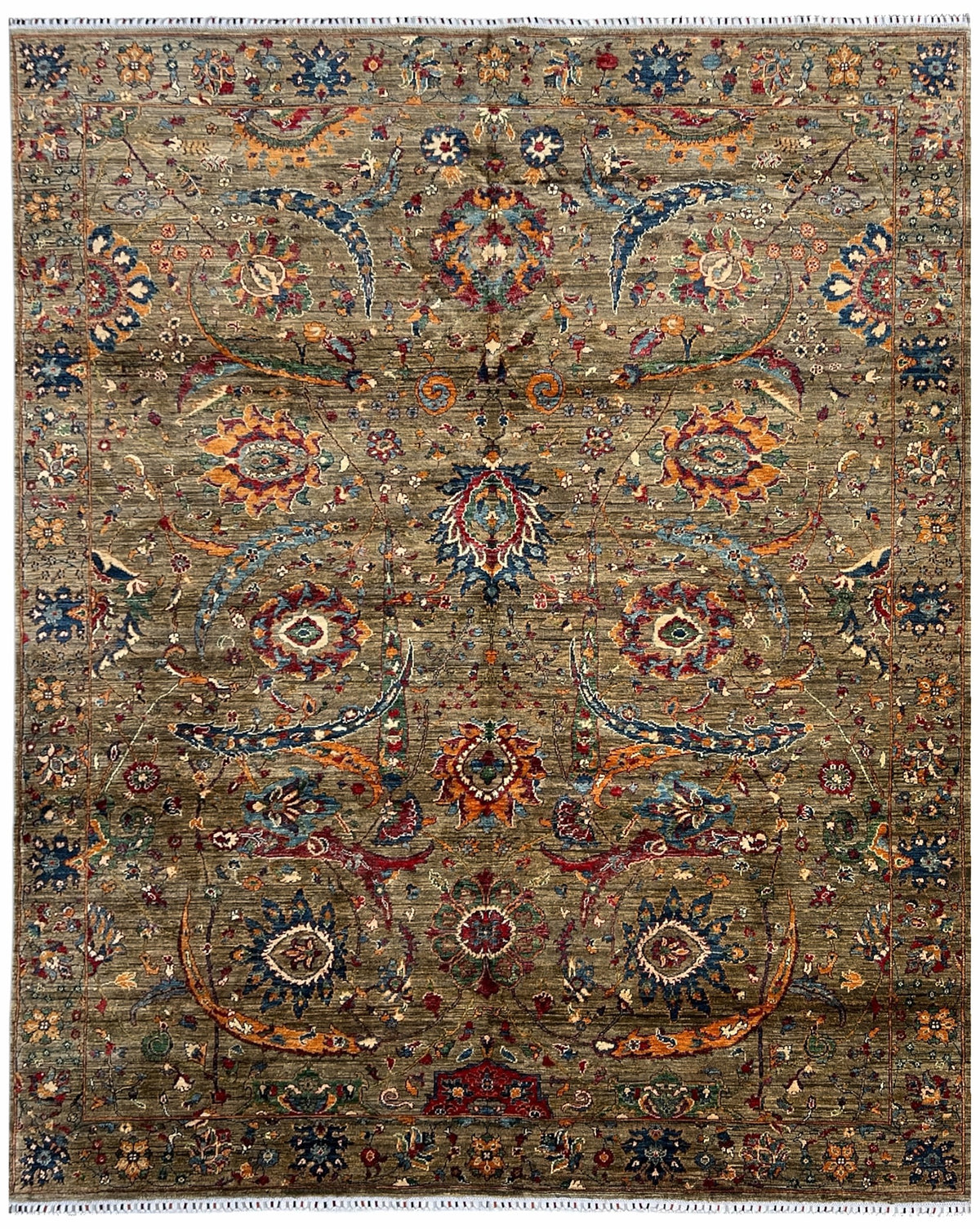Afghan Chobi Rug 8x10 | olive brown field with palmettes and vines with gold, navy & red | floral design | hand-knotted wool