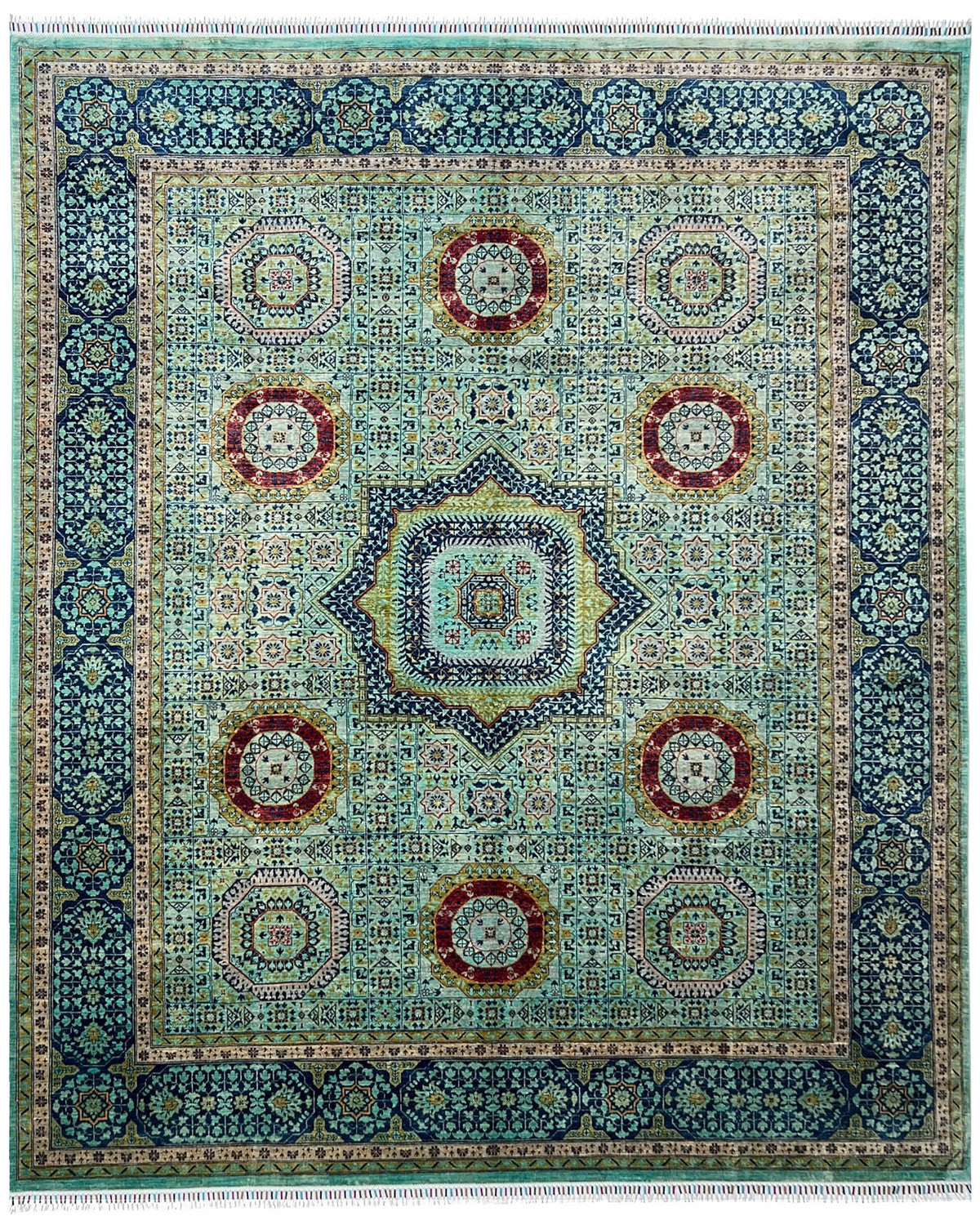 Afghan Chobi Rug 8x10 | seafoam green field with a Mamluk medallion with navy & red | mamluk design | hand-knotted wool