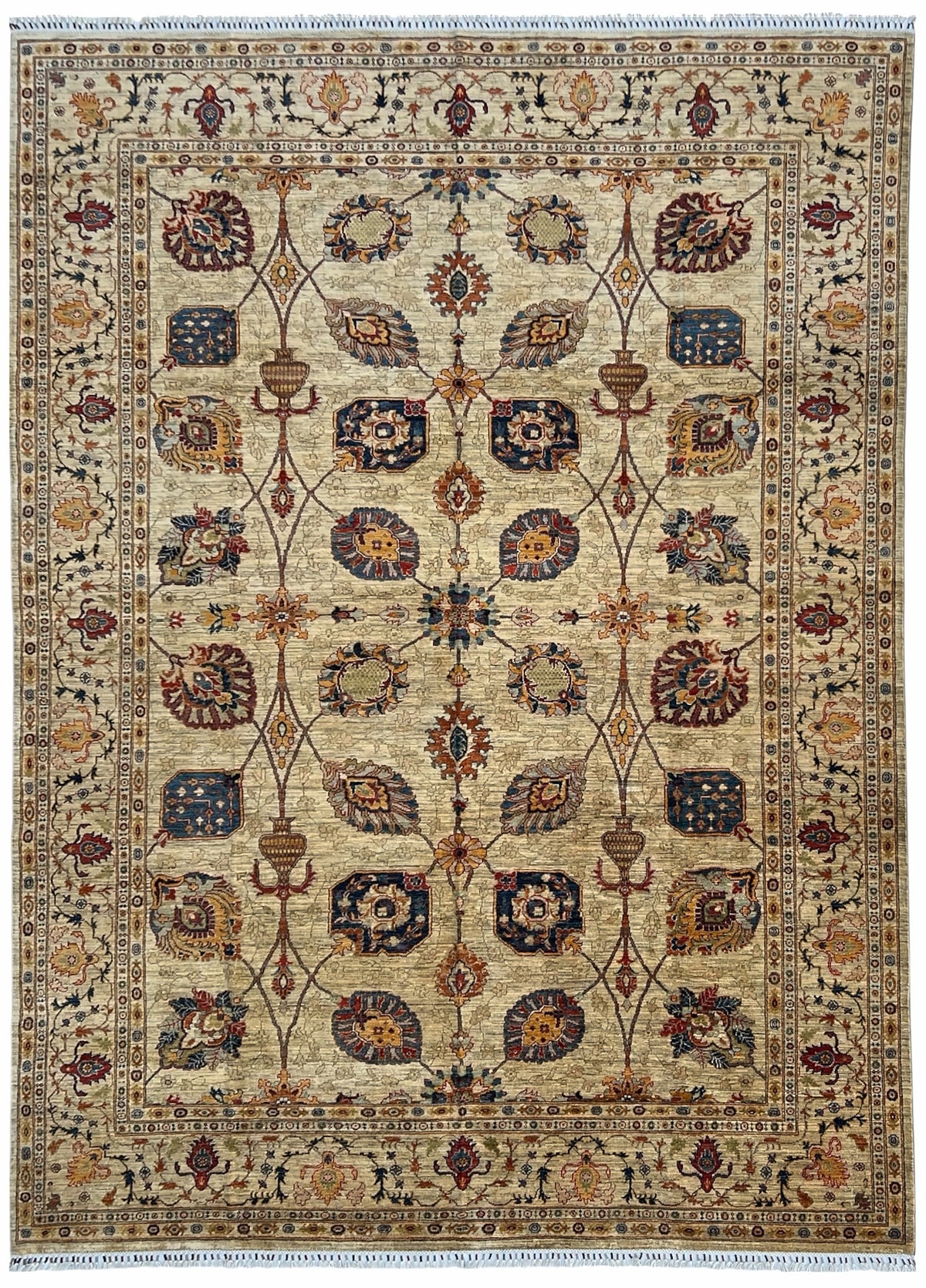 Afghan Chobi Rug 9x12 | beige field with allover palmettes and vines with navy, rust & ivory | floral design | hand-knotted wool