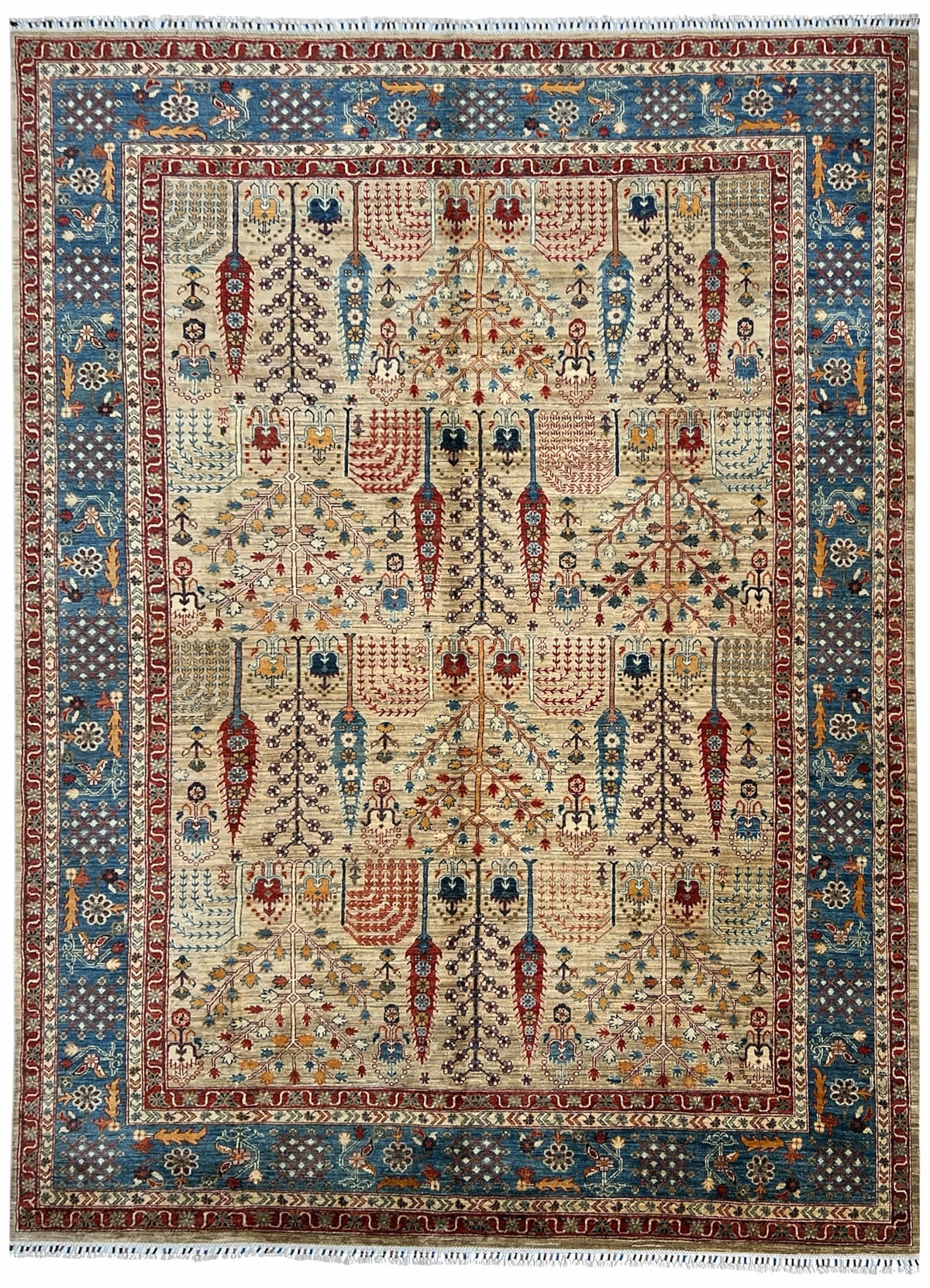 Afghan Chobi Rug 9x12 | beige field with cypress trees and willows inside a blue border with red & navy | tree of life design | hand-knotted wool