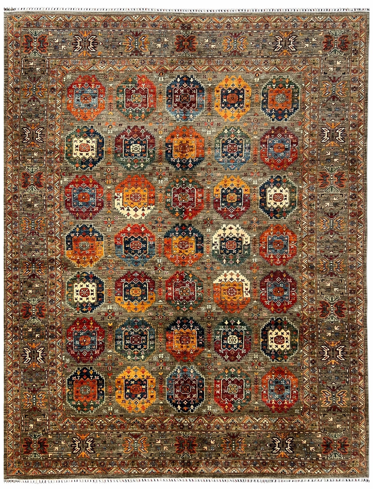 Afghan Chobi Rug 9x12 | soft brown field with colorful octagon guls with orange, red & ivory | gul design | hand-knotted wool