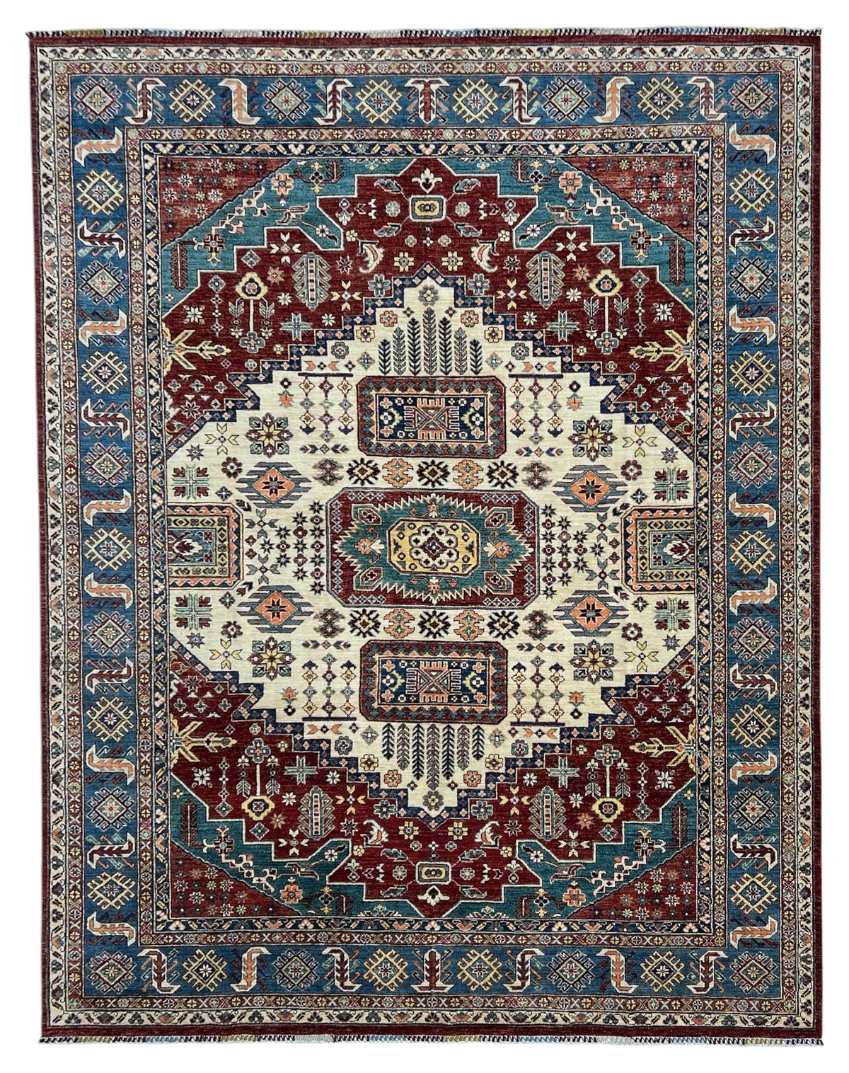 Afghan Chobi Rug 9x12 | ivory medallion on a red field with teal & navy | medallion design | hand-knotted wool