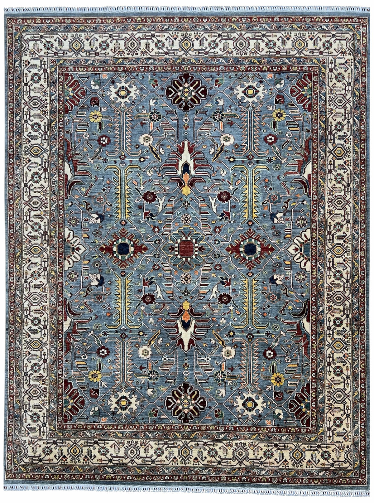 Afghan Chobi Rug 9x12 | light blue field with palmettes inside an ivory border with red & navy | floral design | hand-knotted wool