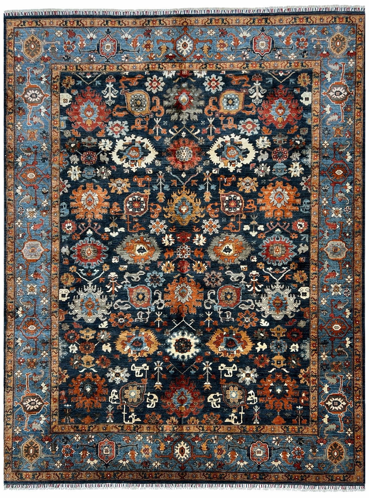 Afghan Chobi Rug 9x12 | navy field with rust and ivory florals inside a light blue border | floral design | hand-knotted wool