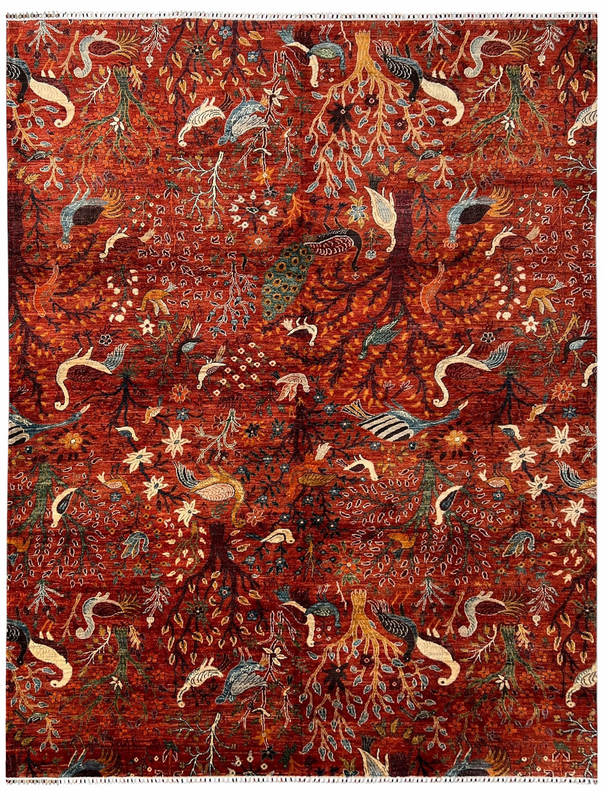 Afghan Chobi Rug 9x12 | rust red field with birds and trees with light blue & ivory | pictorial design | hand-knotted wool