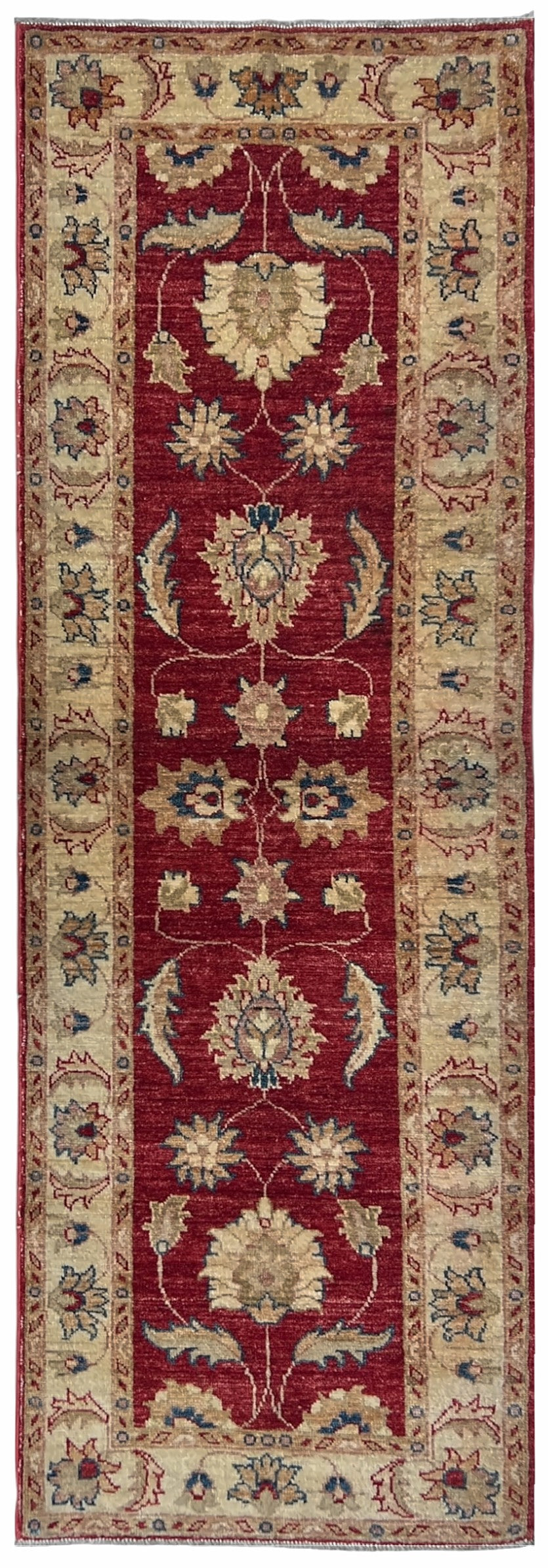 Afghan Chobi Runner 2x6 | red field with florals inside an ivory border with gold | floral design | hand-knotted wool