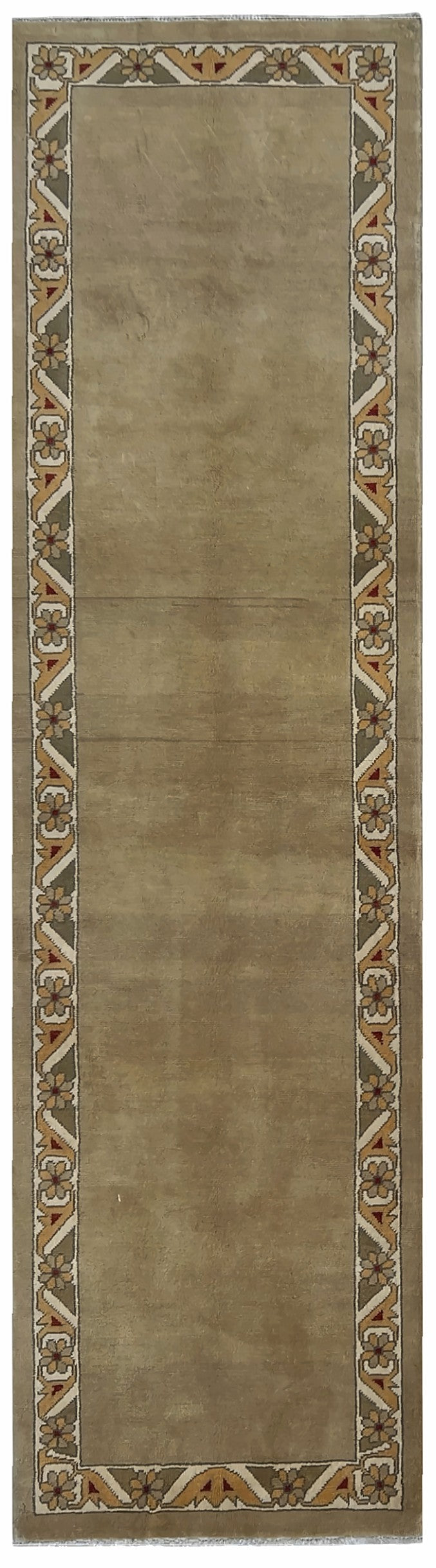 Afghan Chobi Runner 3x10 | plain sage field inside an ivory and gold floral border | solid design | hand-knotted wool