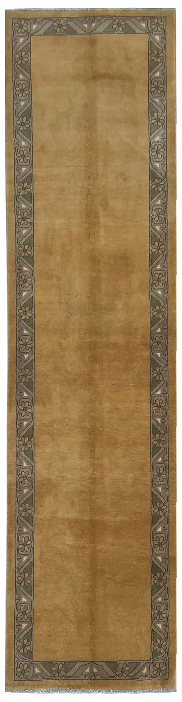 Afghan Chobi Runner 3x11 | plain golden field inside a gray floral border with ivory | solid design | hand-knotted wool