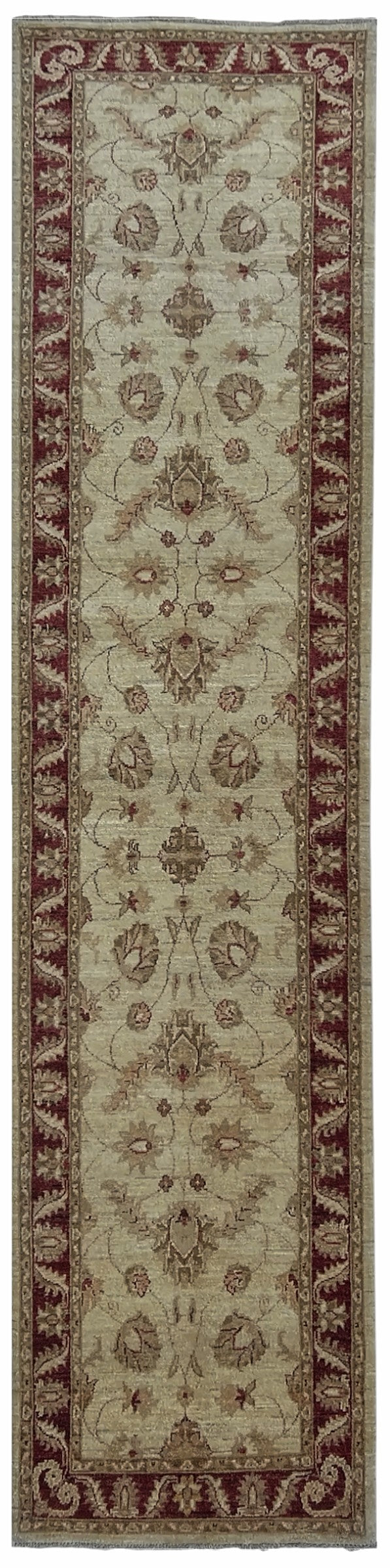 Afghan Chobi Runner 3x12 | ivory field with soft florals inside a burgundy border with gold | floral design | hand-knotted wool