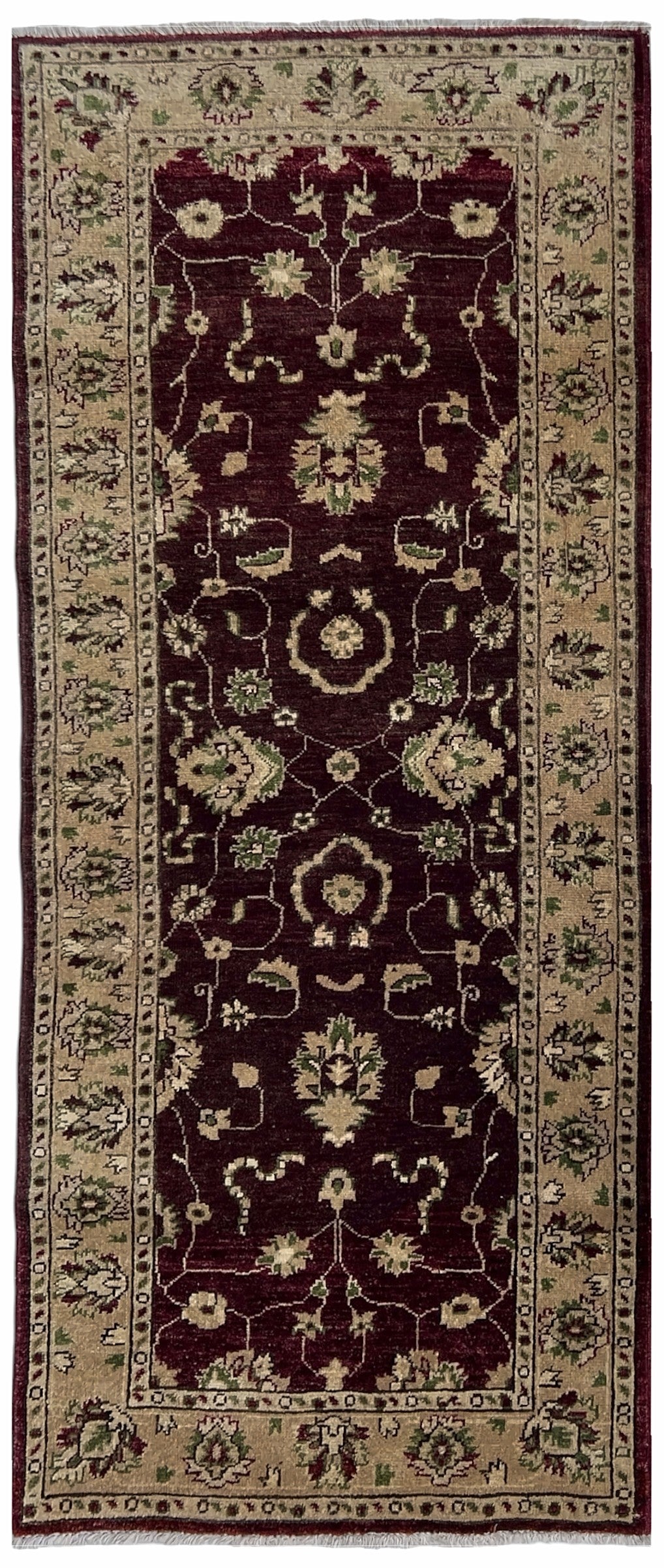 Afghan Chobi Runner 3x6 | burgundy field with florals inside a beige border with green | floral design | hand-knotted wool