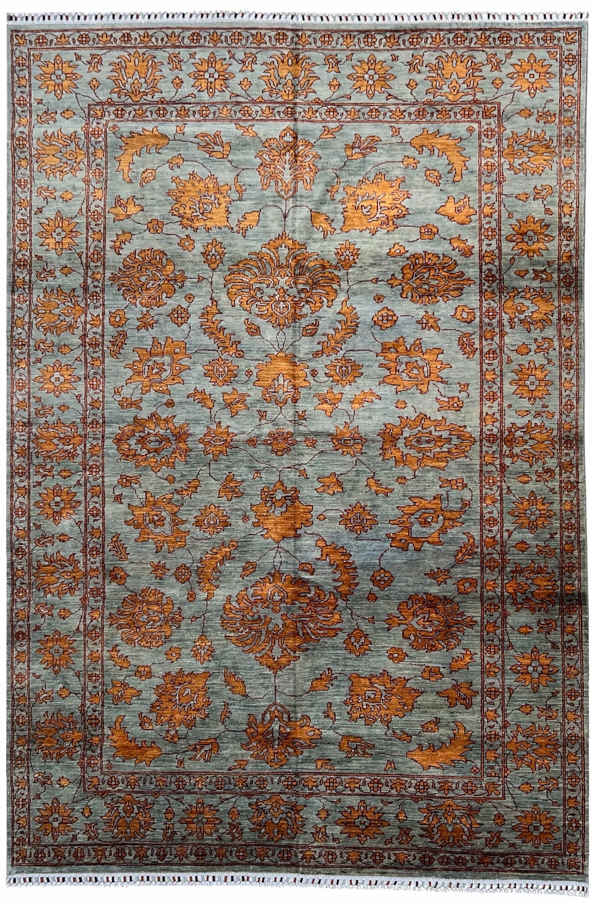 Afghan Chobi Sultani Rug 6x10 | light blue field with orange palmettes with rust | Sultani design | hand-knotted wool