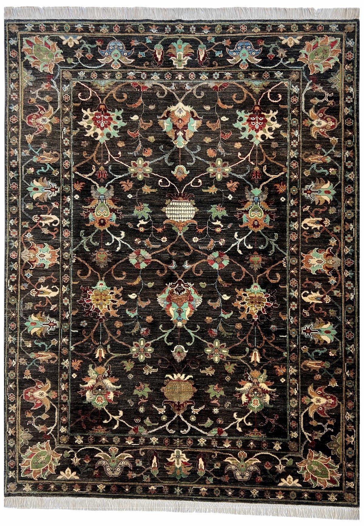 Afghan Chobi Sultani Rug 6x8 | black field with colorful palmettes and vines with ivory, red & teal | Sultani design | hand-knotted wool