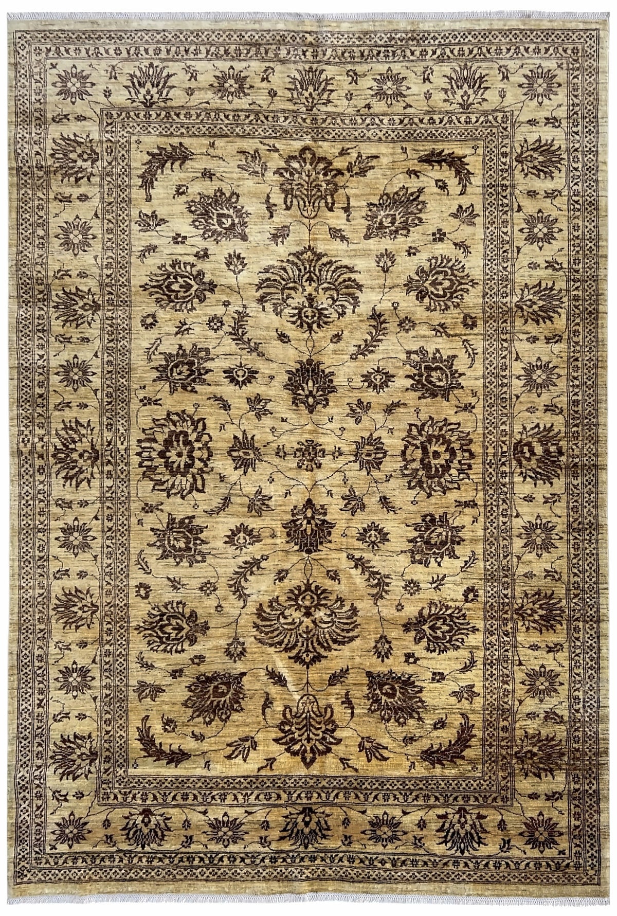 Afghan Chobi Sultani Rug 6x9 | golden beige field with brown floral vines with ivory | Sultani design | hand-knotted wool
