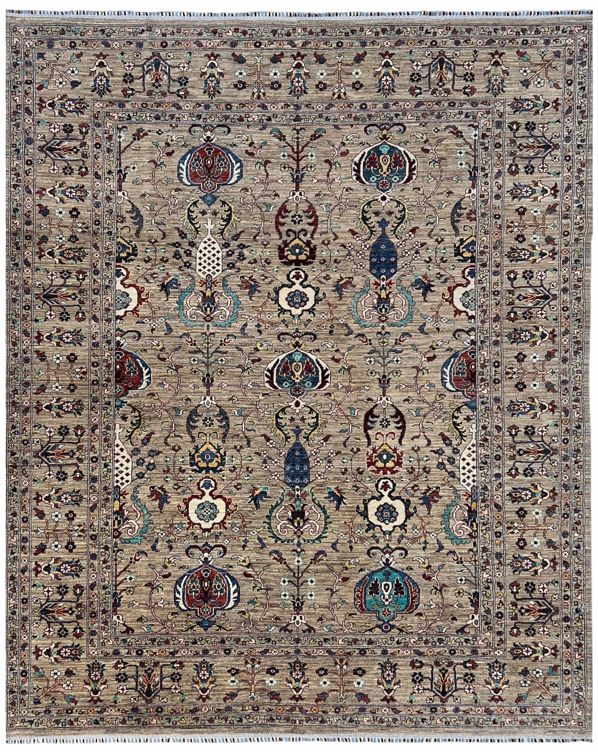 Afghan Chobi Sultani Rug 9x11 | taupe field with an allover pattern of vases and palmettes with navy, red & ivory | Sultani design | hand-knotted wool