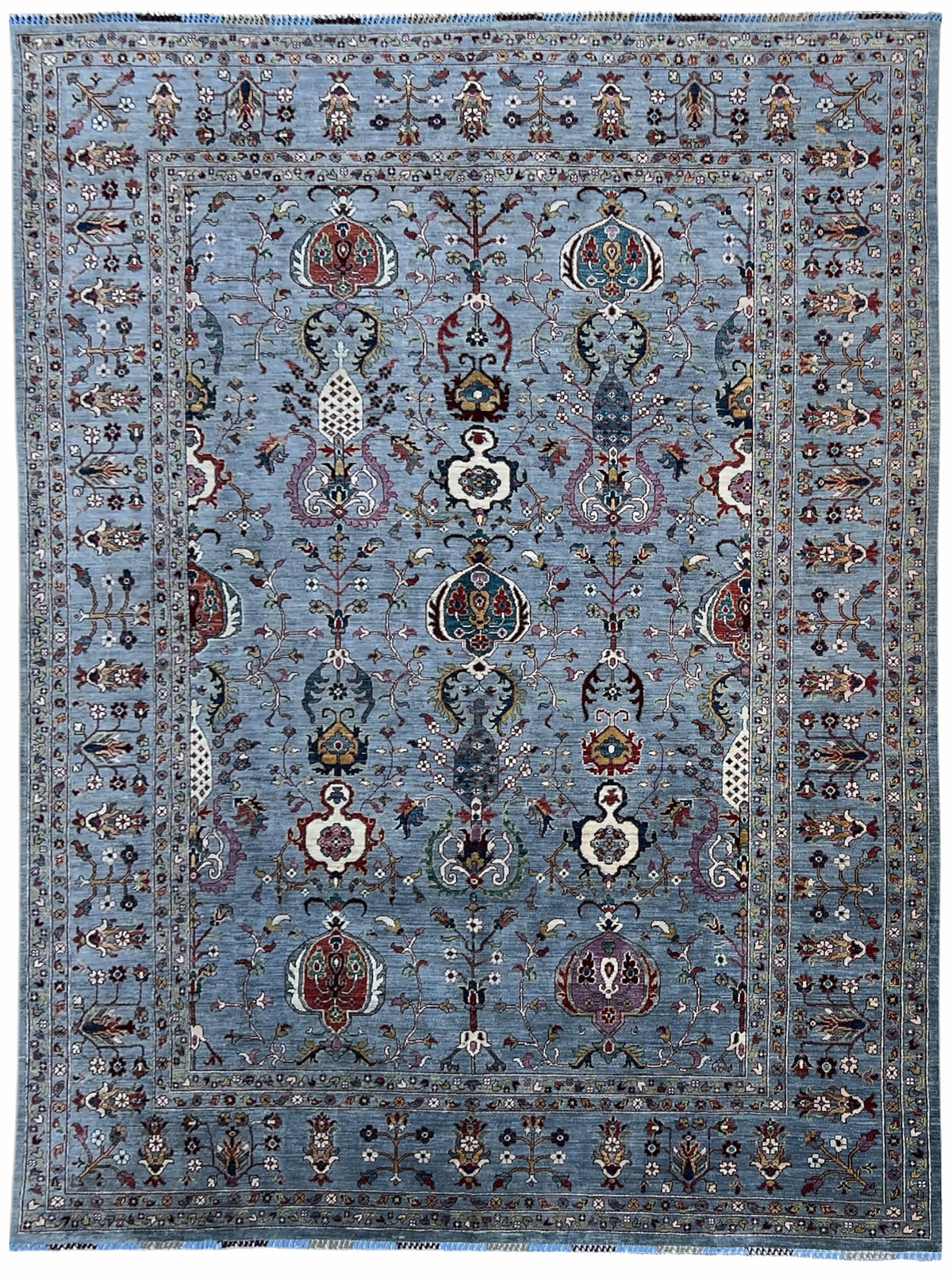 Afghan Chobi Sultani Rug 9x12 | light blue field with vases and palmettes with ivory, red & navy | Sultani design | hand-knotted wool