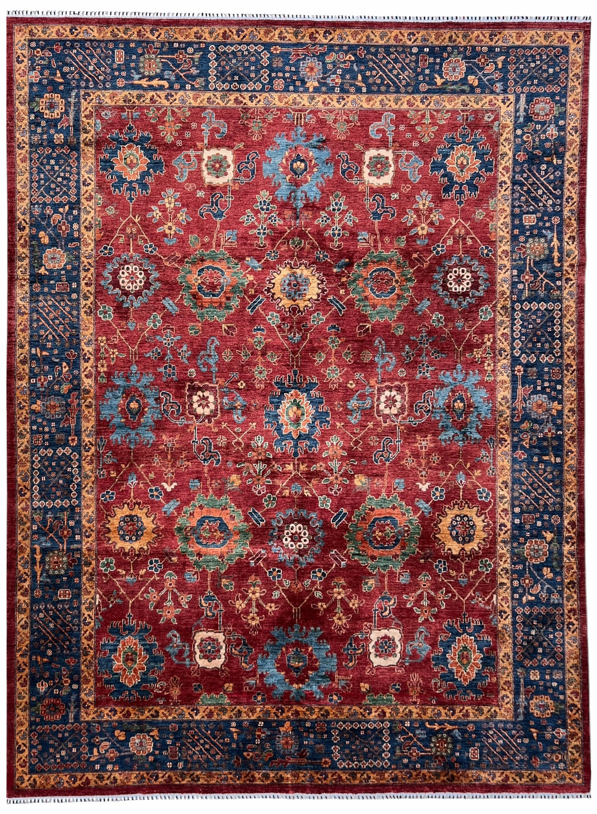 Afghan Chobi Sultani Rug 9x12 | red field with blue and gold florals inside a navy border | Sultani design | hand-knotted wool